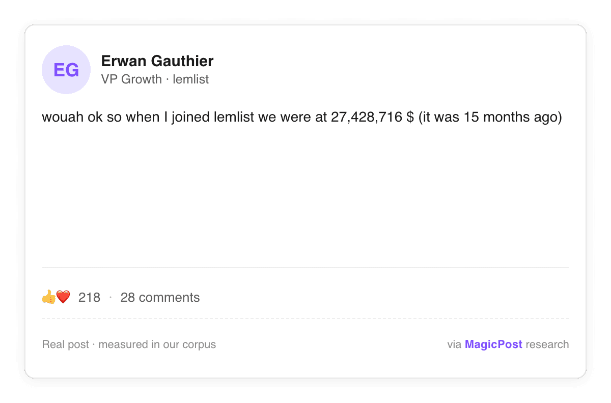 Erwan Gauthier, VP de Growth de lemlist, en un post de LinkedIn recordando los ingresos de la empresa cuando se unió al equipo