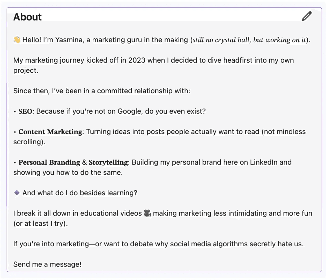 Example of using humor on an about me section on LinkedIn