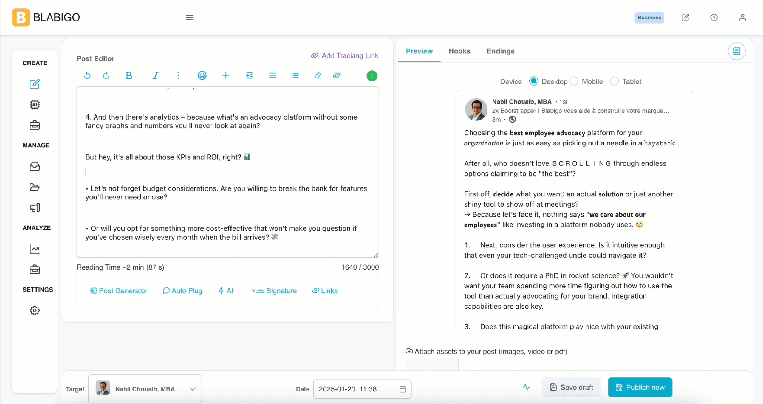 Capture du générateur de posts IA LinkedIn de Blabigo, avec un volet d'aperçu montrant un post généré