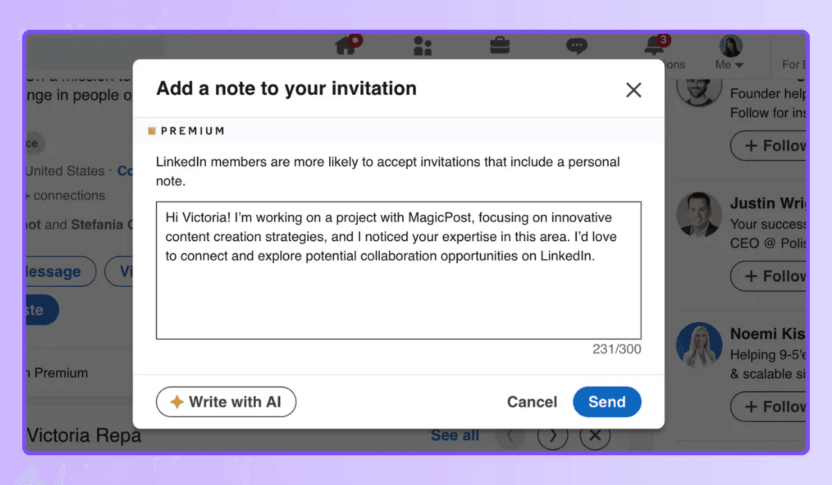 Sample message in an invitation to connect with someone on LinkedIn