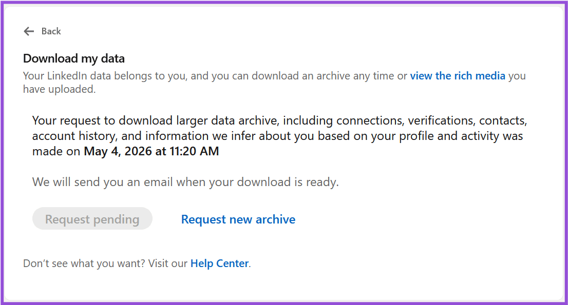 A screenshot of LinkedIn's data export page