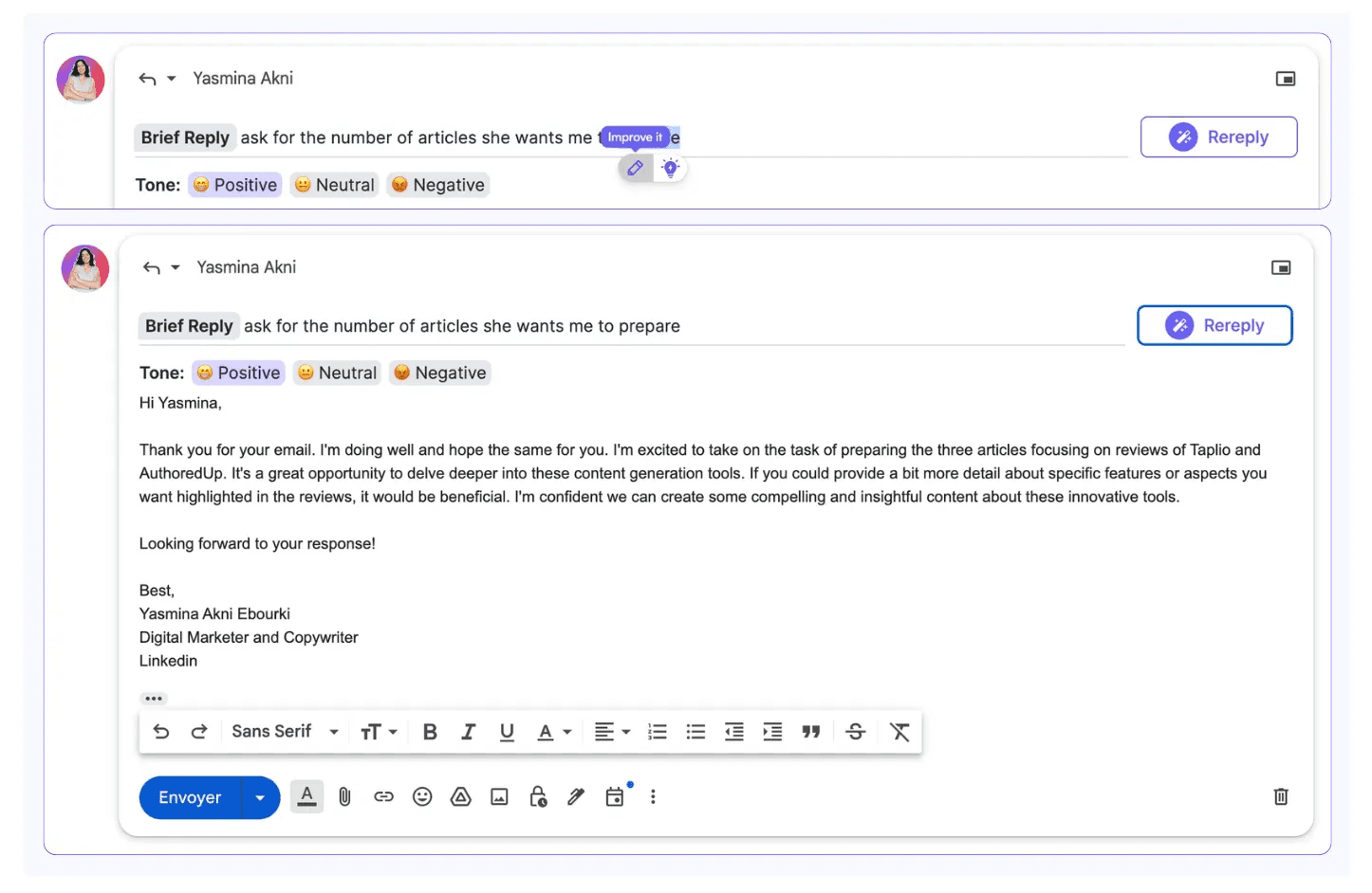 Prueba de respuesta a correo con la extensión de Writesonic para Chrome