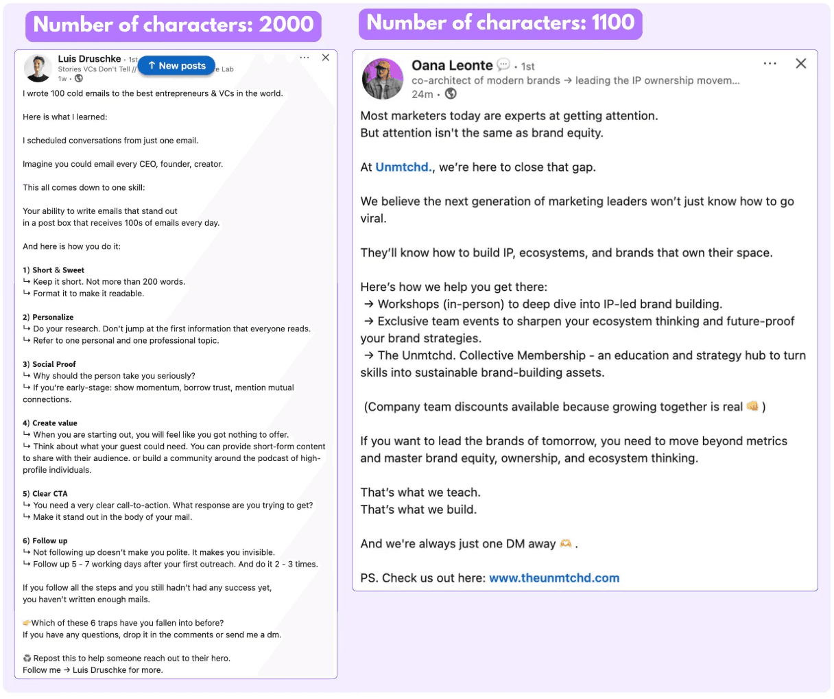 comparison of two posts with different numbers of characters, one of 2000 and the other of 1100 as examples of post sizes on LinkedIn