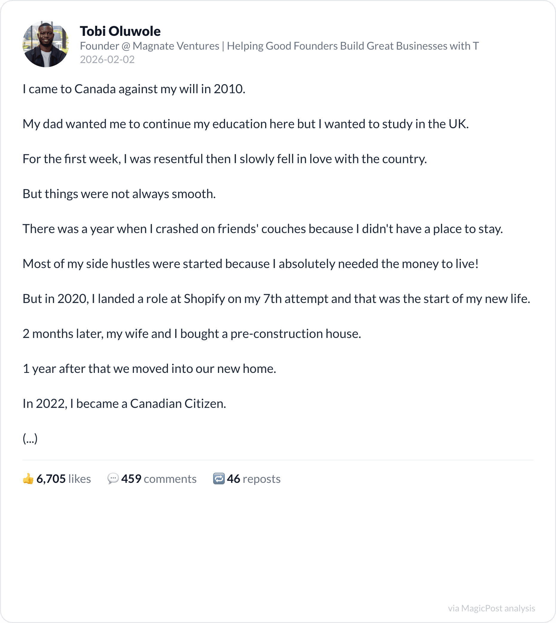 Tobi Oluwole's top 2026 post: coming to Canada against his will