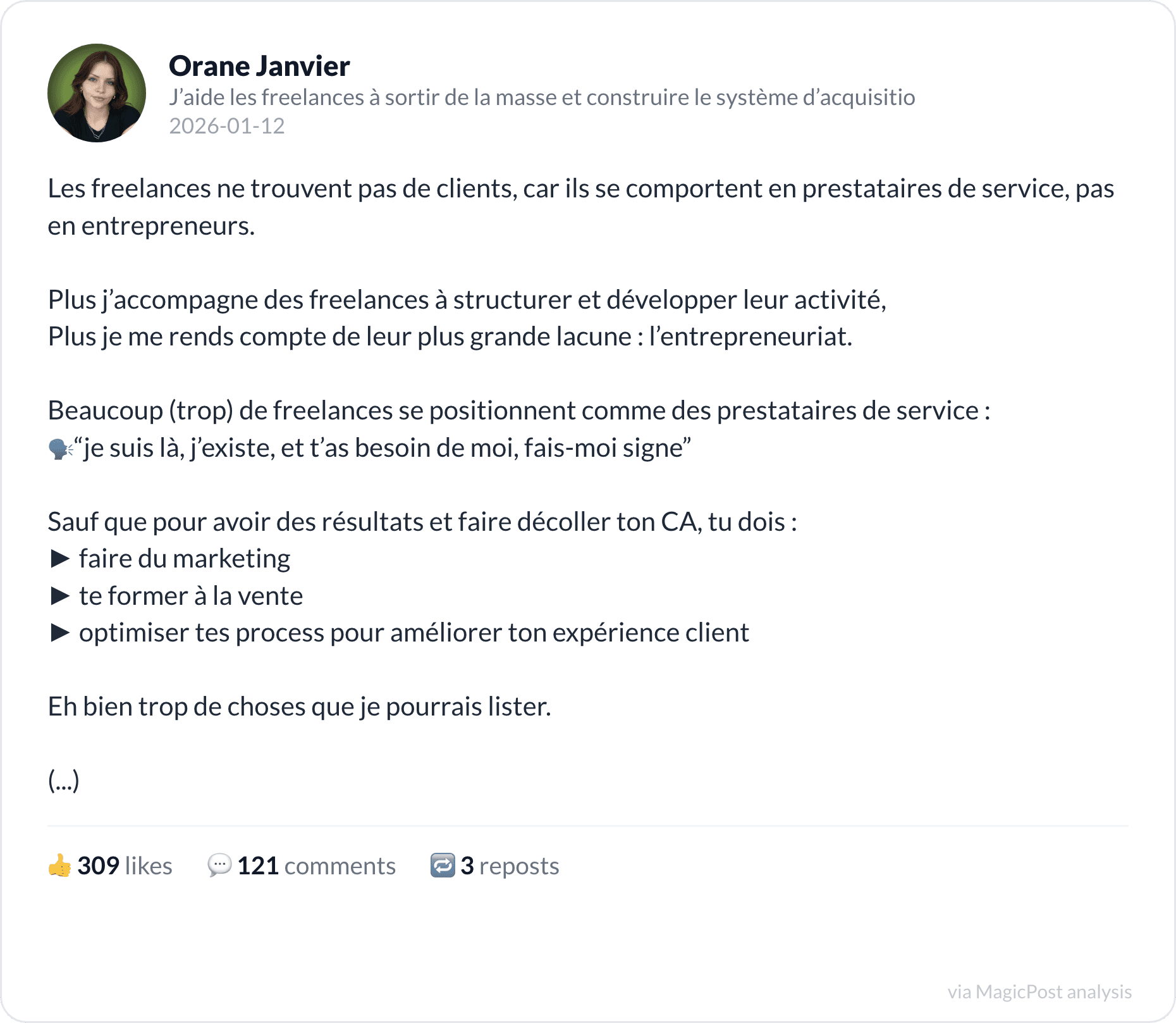 Orane Janvier's top 2026 post: freelances act like contractors, not entrepreneurs