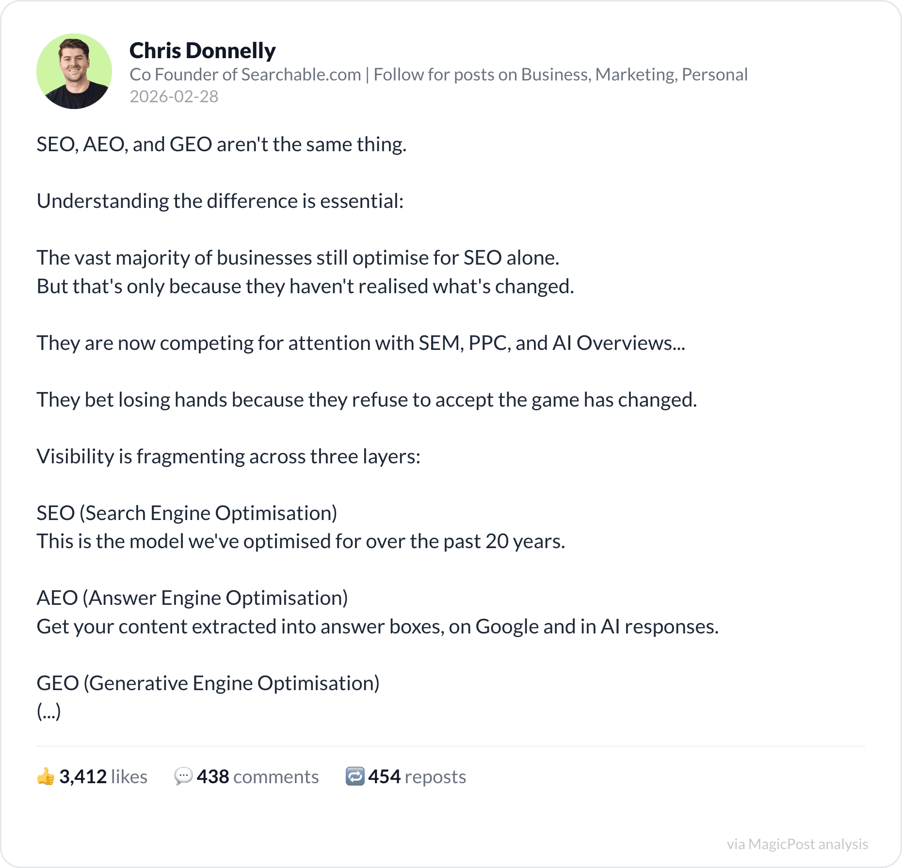 Chris Donnelly's post on SEO, AEO and GEO layers