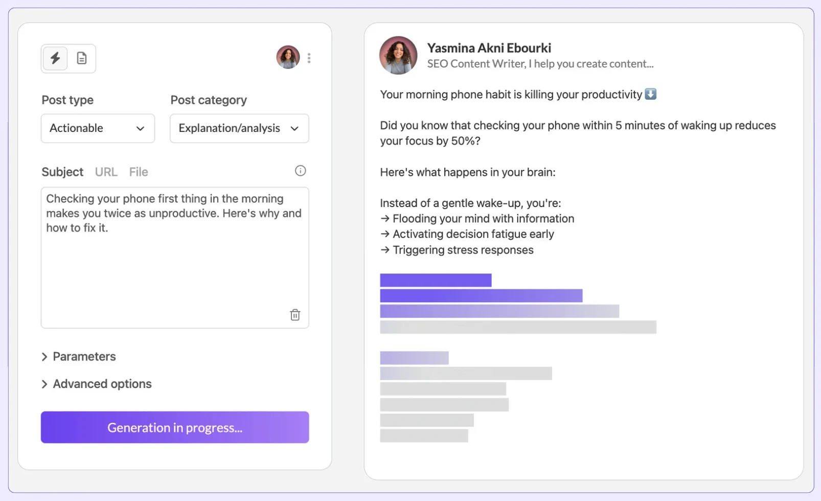 MagicPost AI content creator interface showing post type, category, and subject fields with a generated LinkedIn post preview