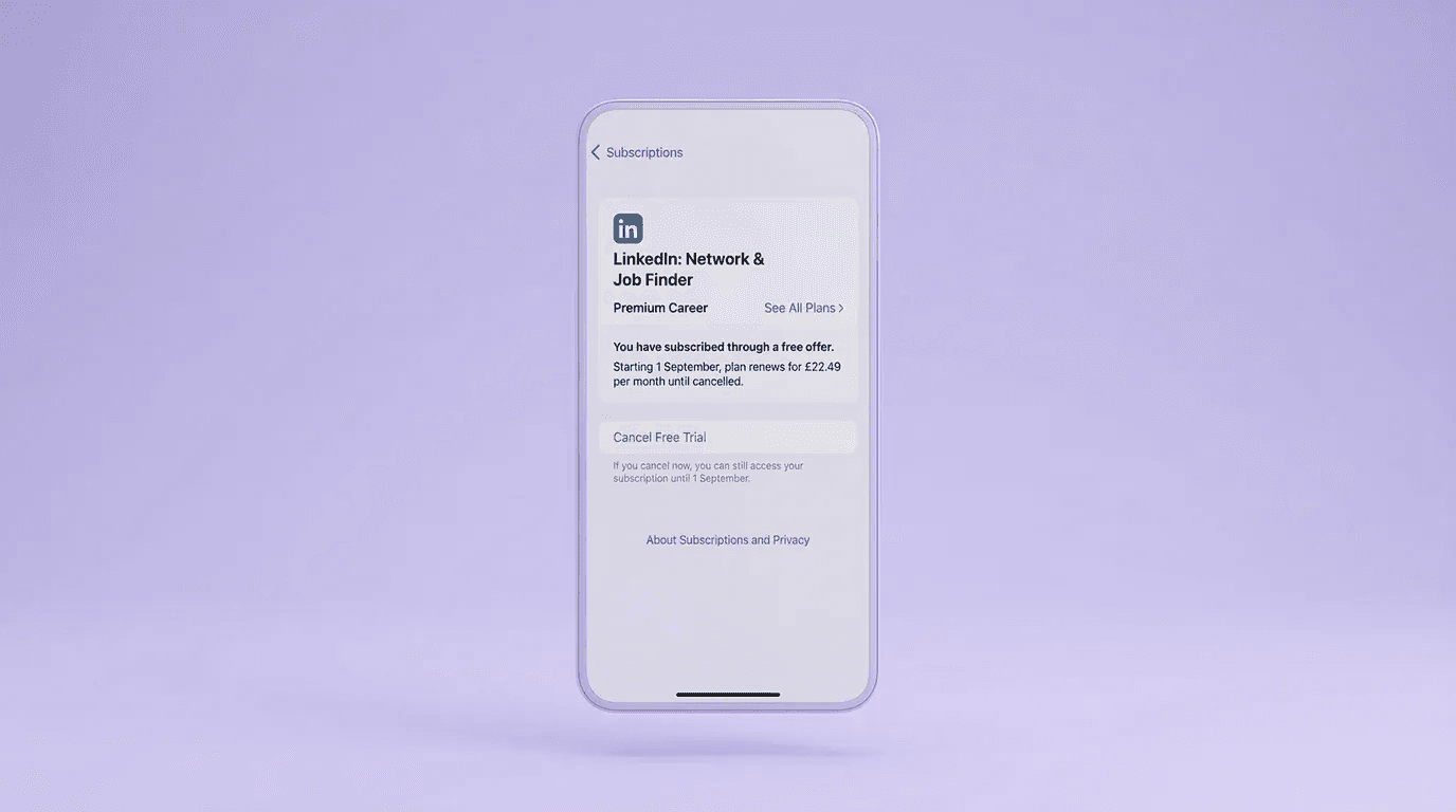 A phone interface displaying iOS' subscription management page, with an option to cancel LinkedIn's free trial