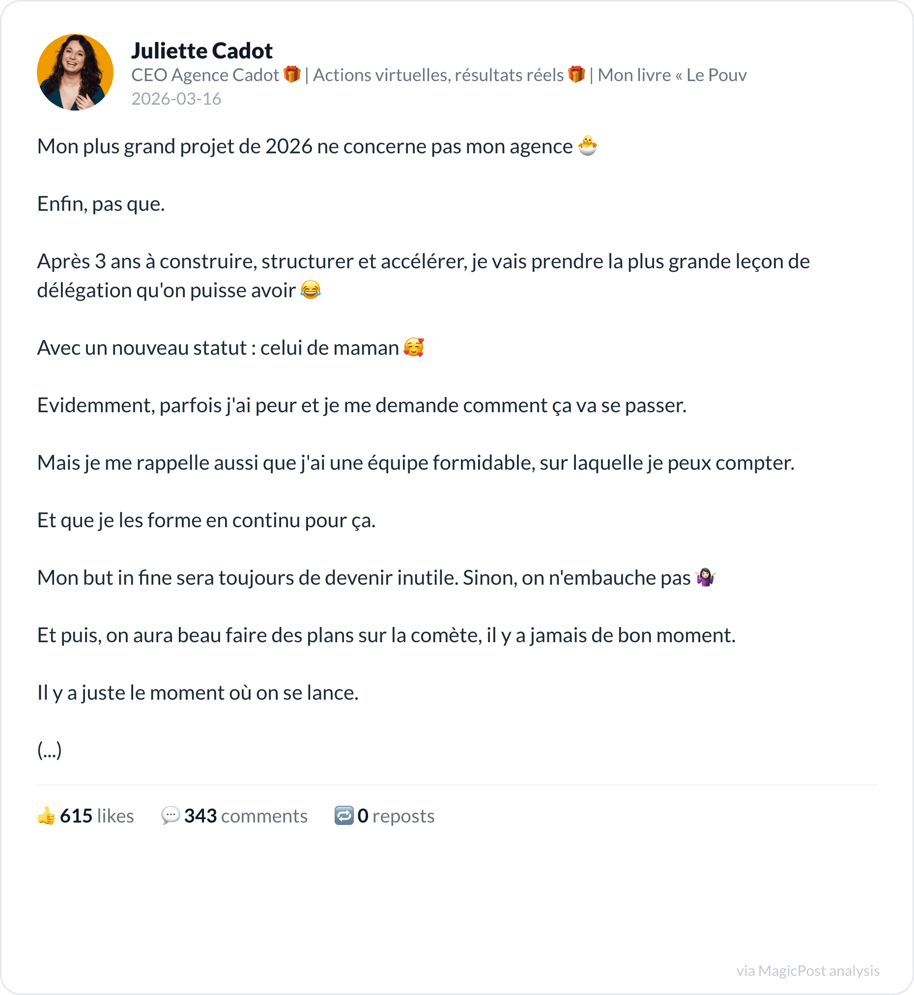 Juliette Cadot's top 2026 post: her biggest project of the year is becoming a mother