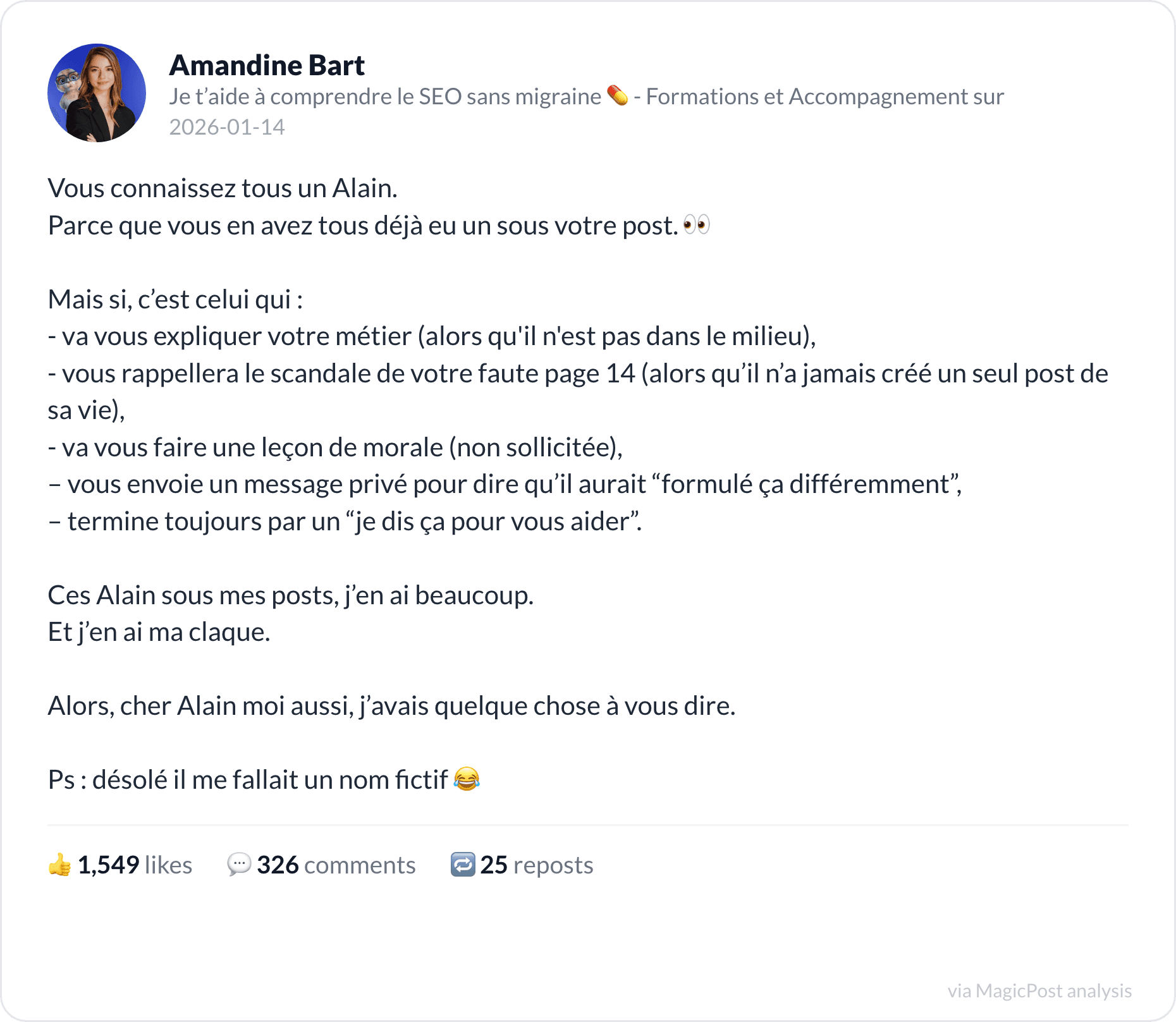 Amandine Bart's post about the LinkedIn commenter she calls Alain
