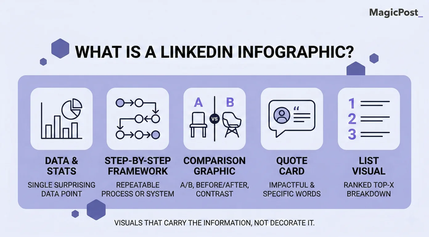 Infographic showing the five types of LinkedIn infographics: data and stats, step-by-step framework, comparison graphic, quote card, and list visual