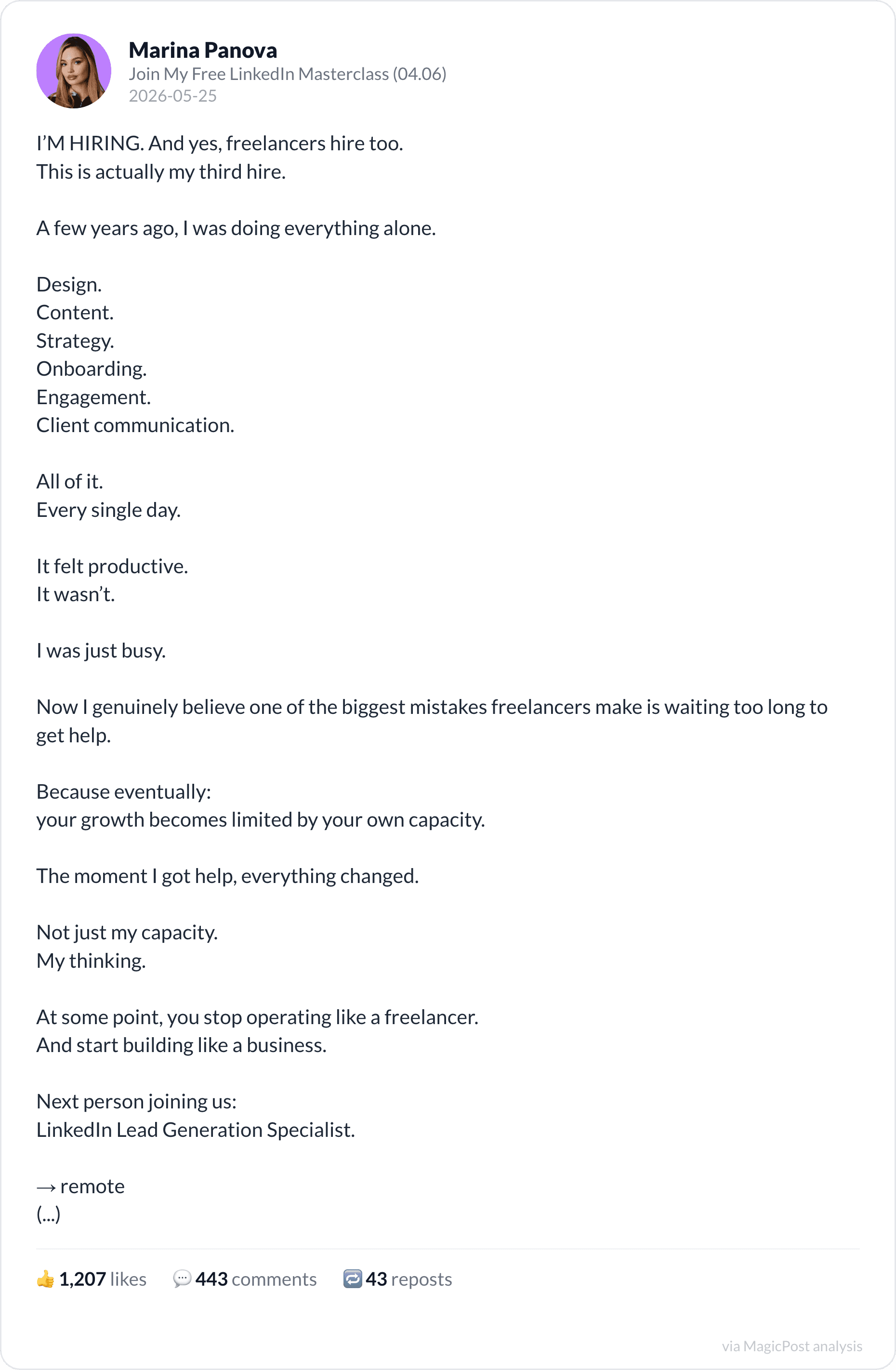 Marina Panova's top 2026 post: hiring her third freelancer