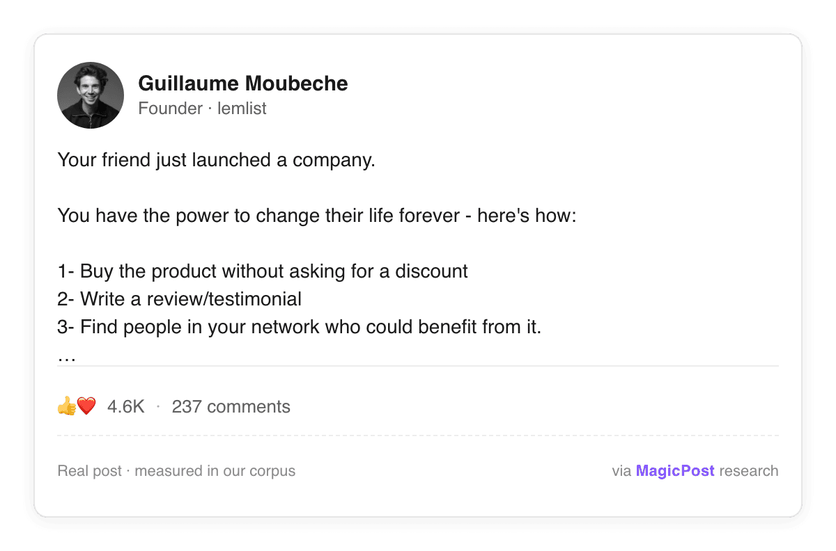 Guillaume Moubeche, fundador de lemlist, en un post de LinkedIn sobre cómo apoyar a un amigo que acaba de lanzar su empresa