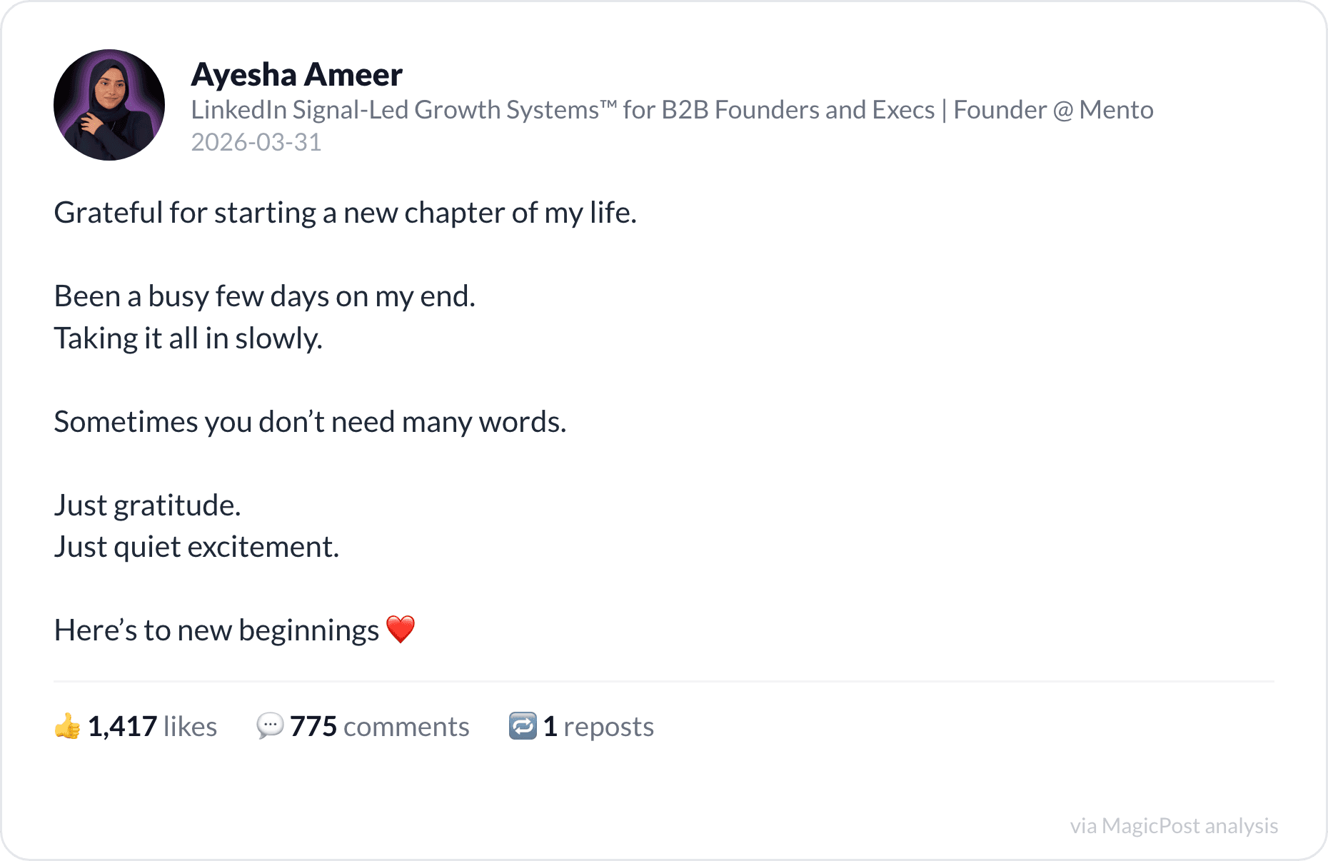 Ayesha Ameer's top 2026 post: grateful for a new chapter