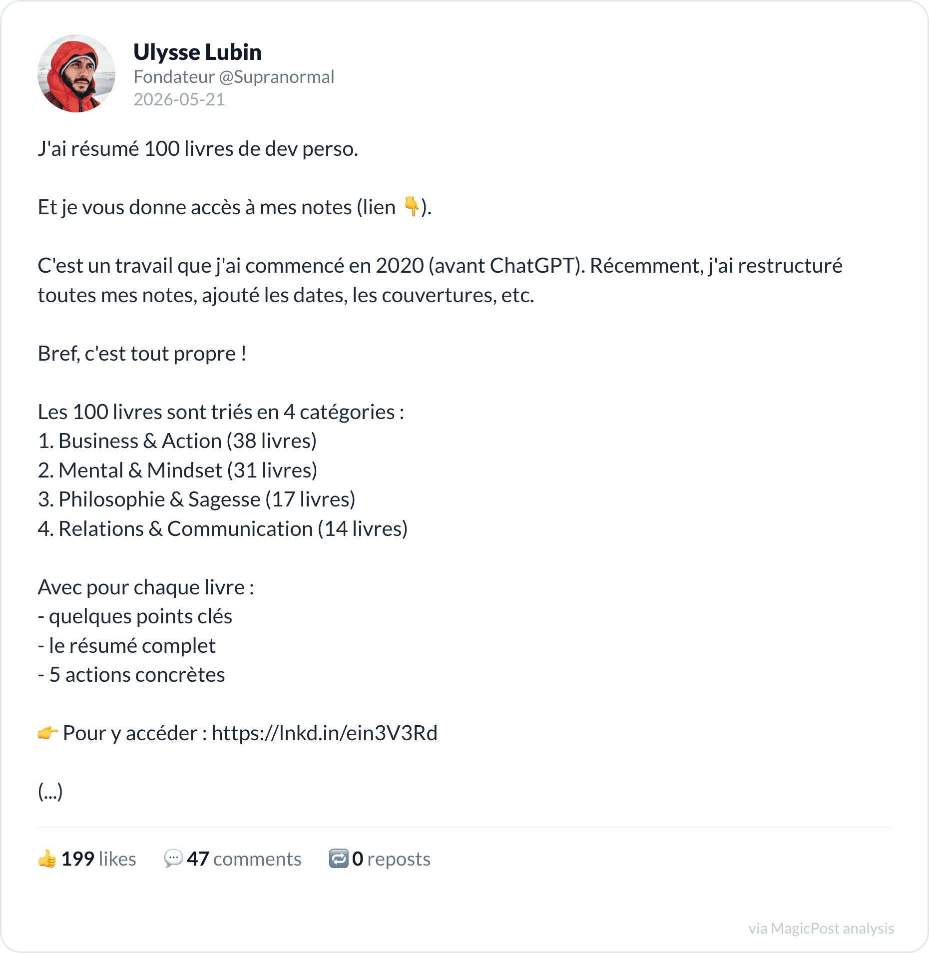 Ulysse Lubin's post sharing notes on 100 personal-development books