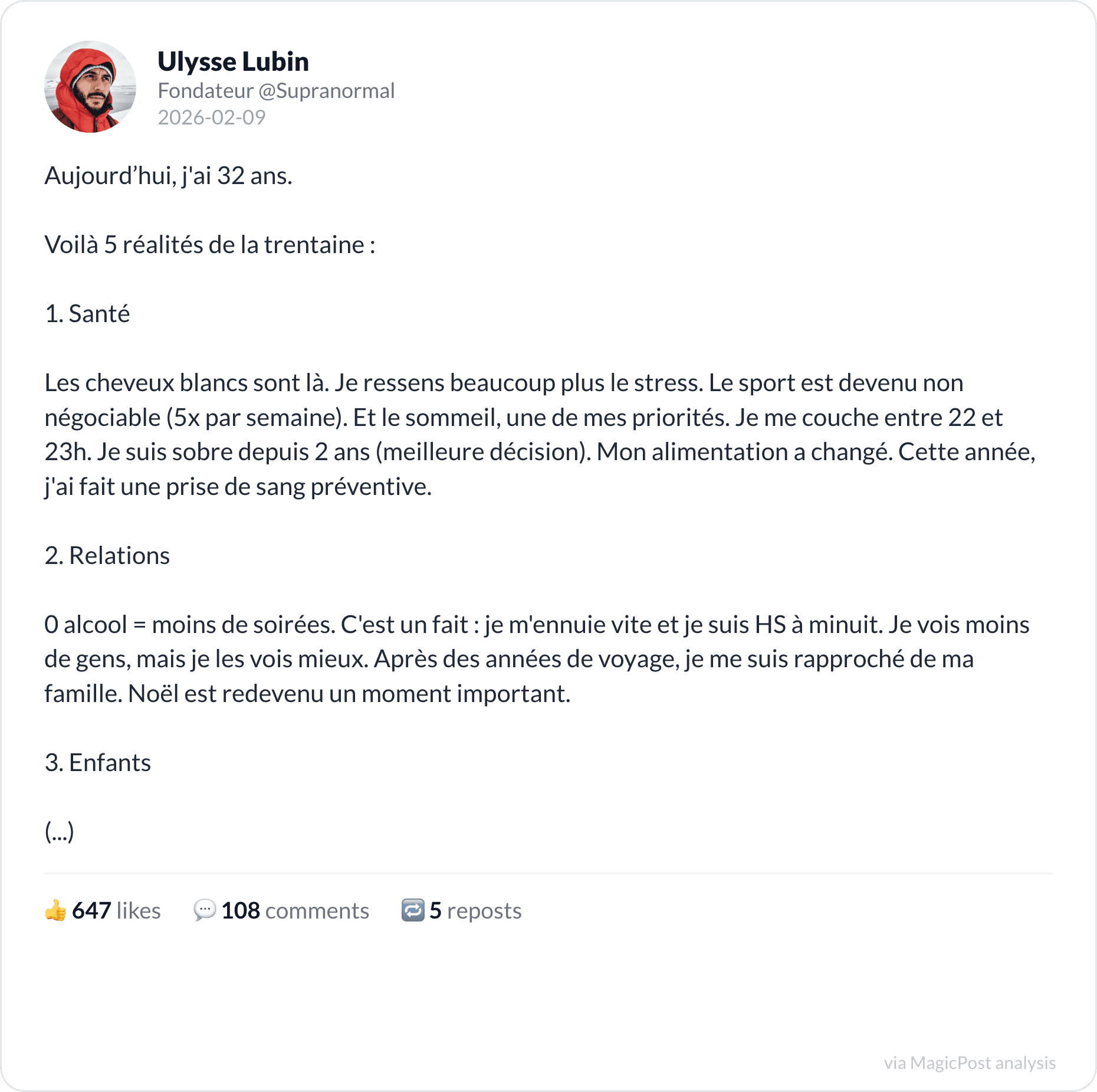 Ulysse Lubin's top 2026 post: five realities of turning thirty-two