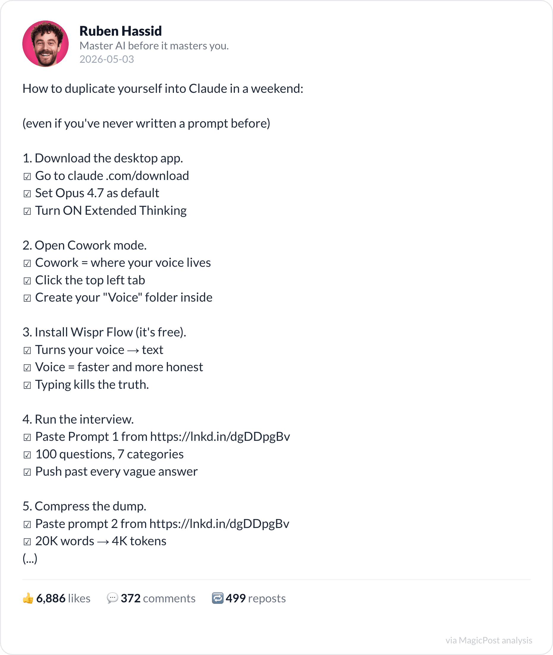 Ruben Hassid's top 2026 post: how to duplicate yourself into Claude