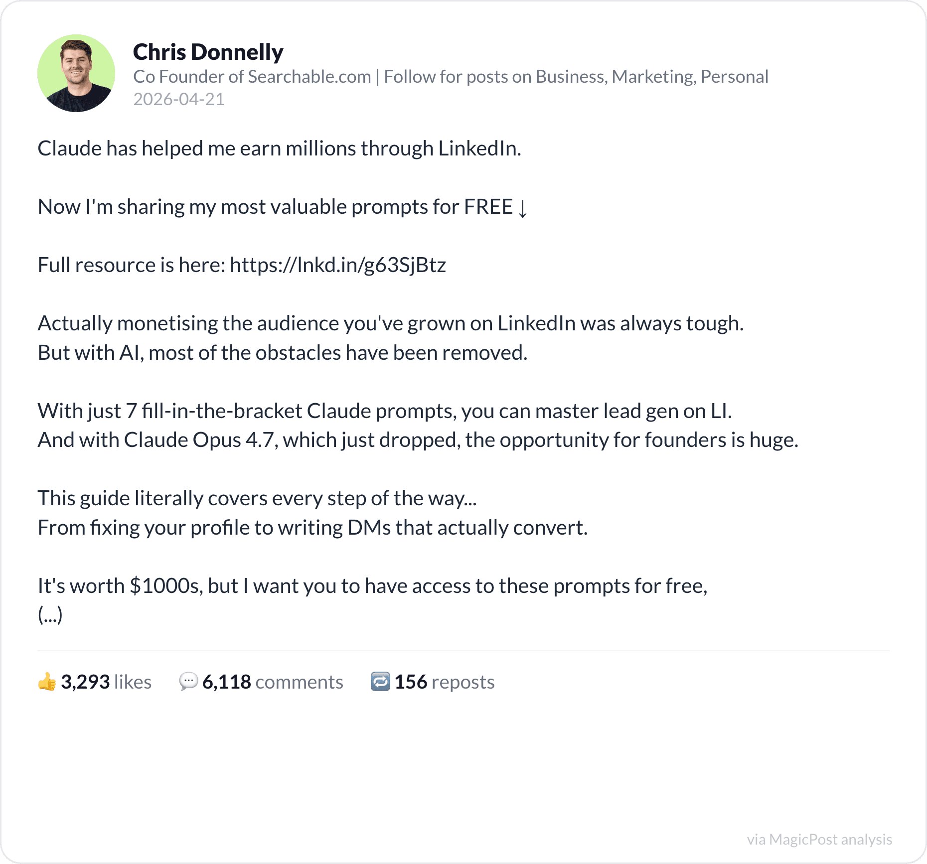 Chris Donnelly sharing Claude prompts for LinkedIn lead generation