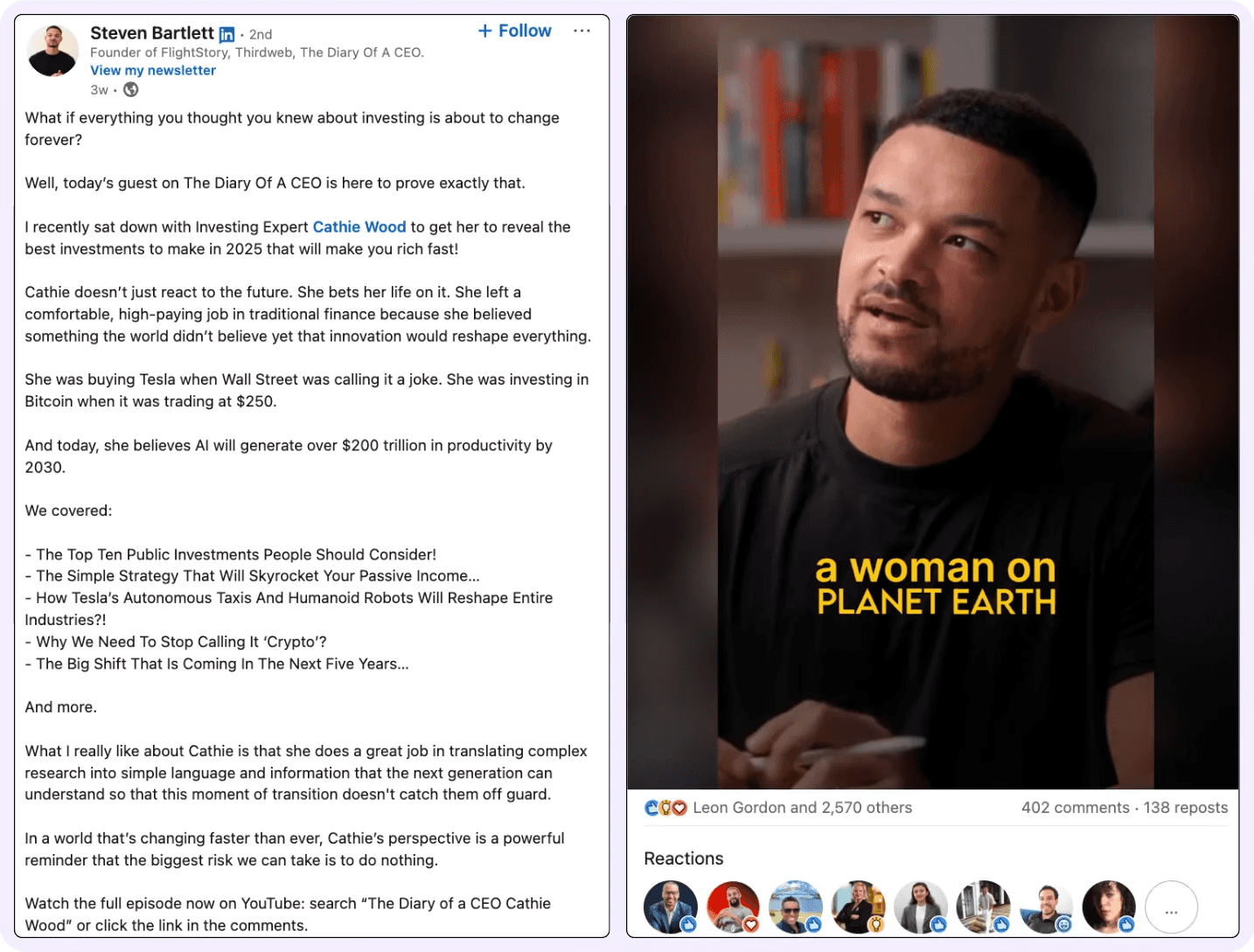 Example of Steven Bartlett's LinkedIn video and text.
