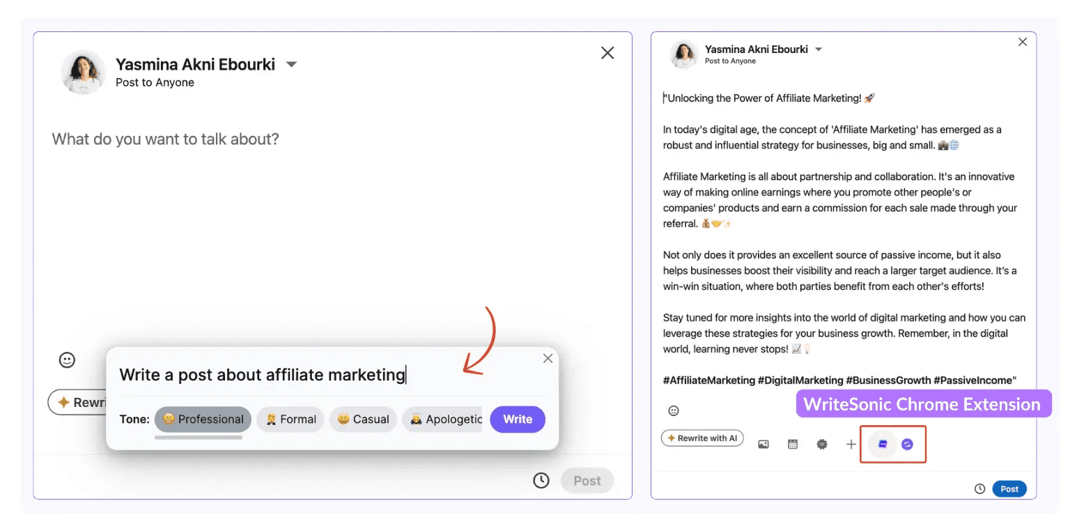 Prueba de la extensión de Writesonic para Chrome en LinkedIn