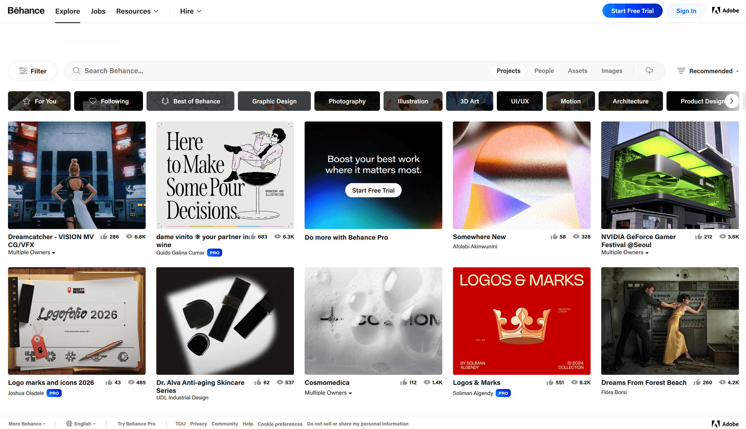 A screenshot of Behance's landing page, displaying different creator projects
