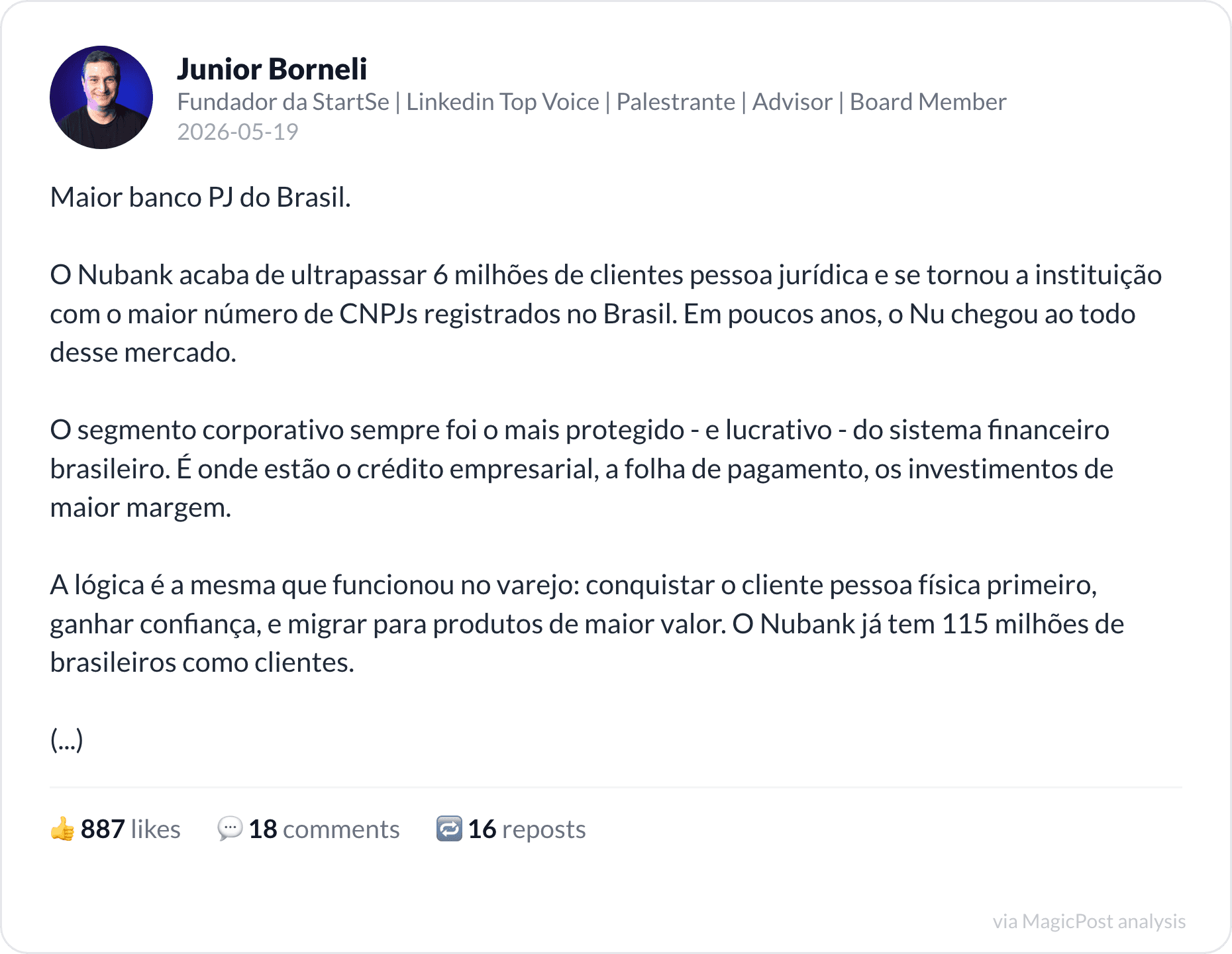 Junior Borneli on Nubank becoming Brazil's biggest business bank