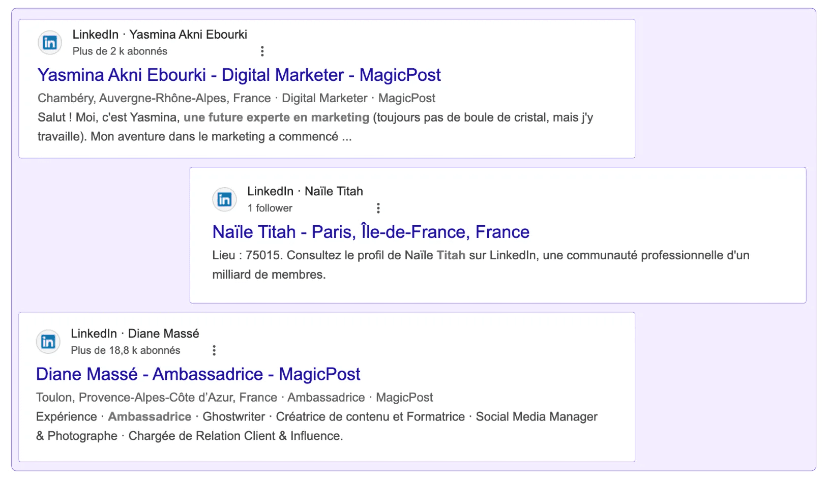 Examples of LinkedIn profiles that appear in google after having optimized their profile and showing up in the search engines.
