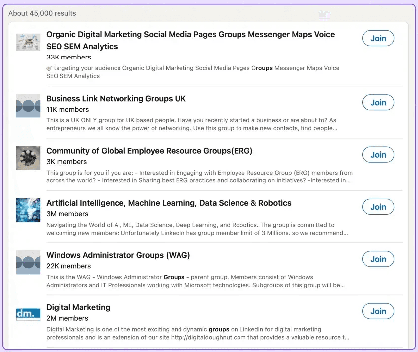 Examples of LinkedIn groups to join when looking for a job on LinkedIn