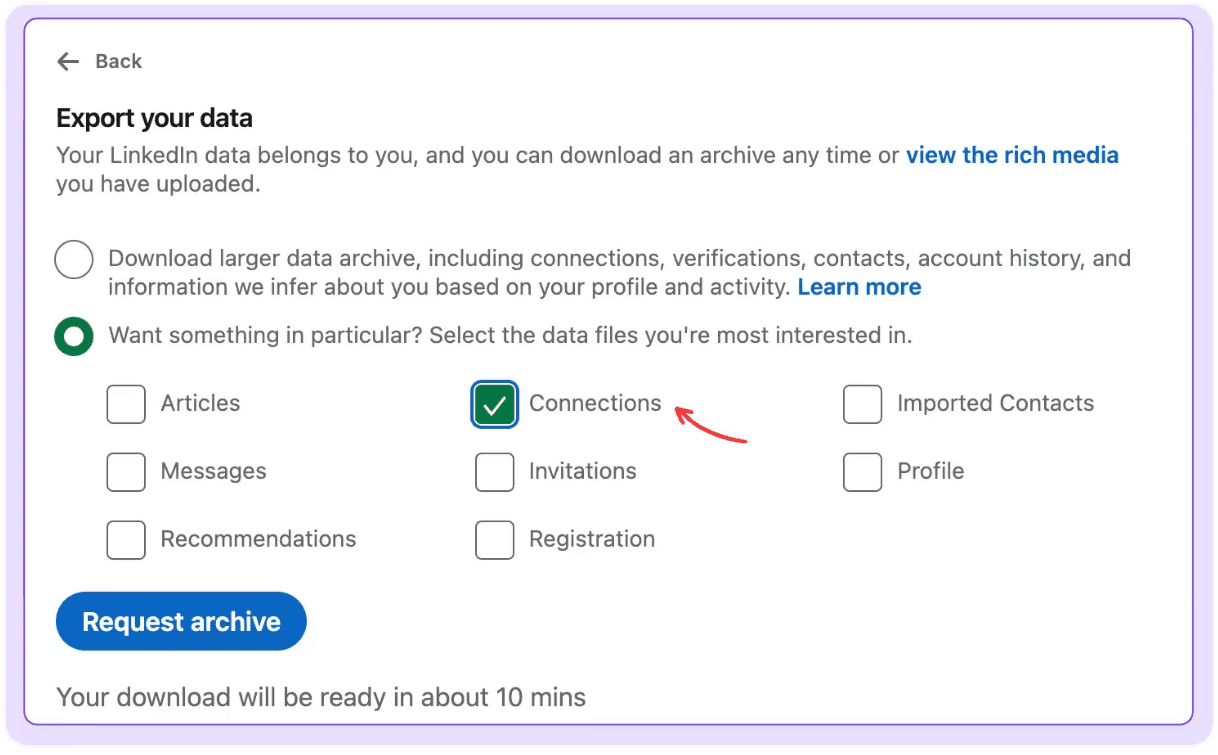 A screenshot of LinkedIn's data exportation page, with the connections data file checked
