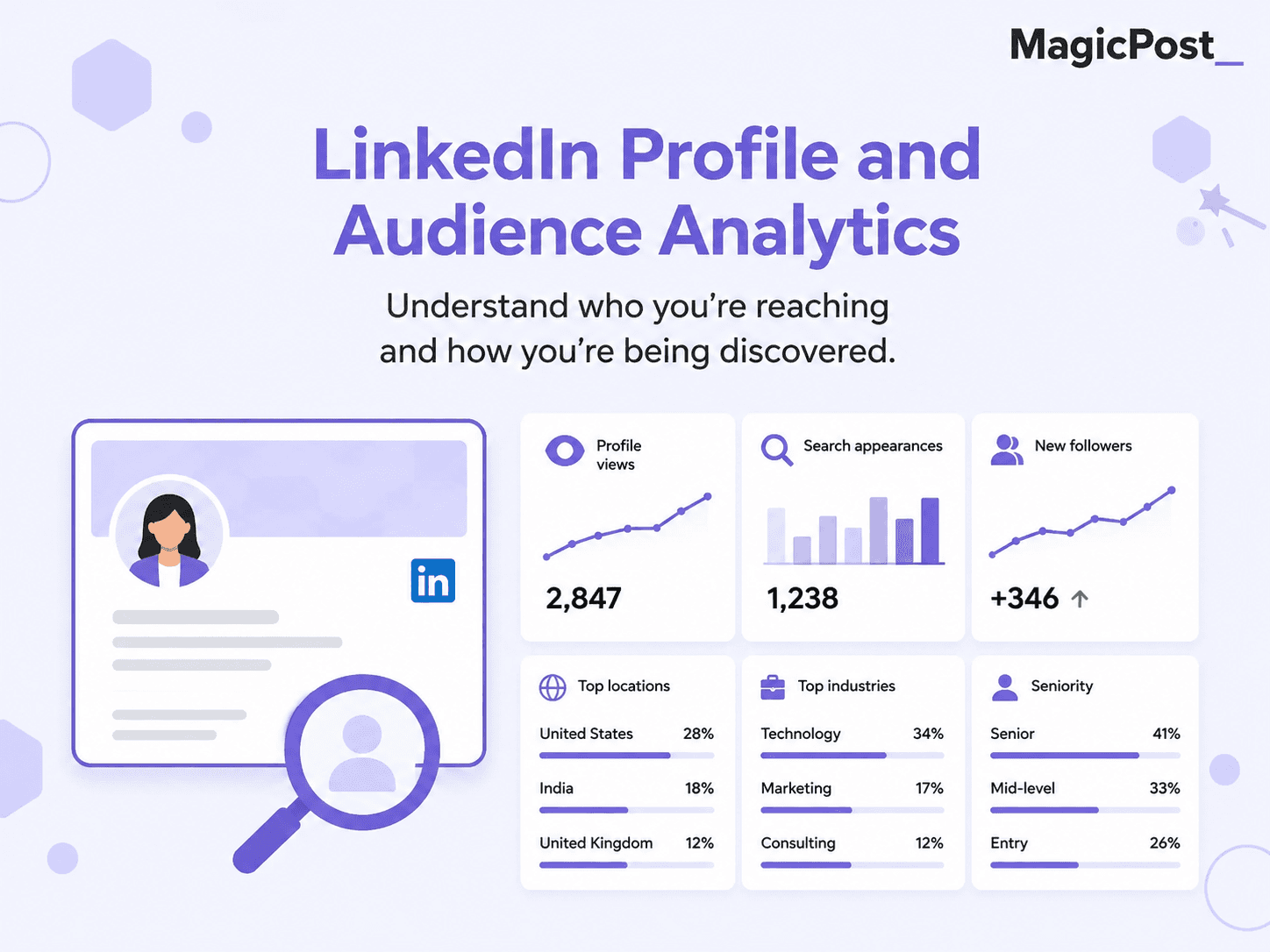 An infographic of LinkedIn's profile and audience analytics, covering profile views, search appearances, new followers, top locations, top industries, and seniority
