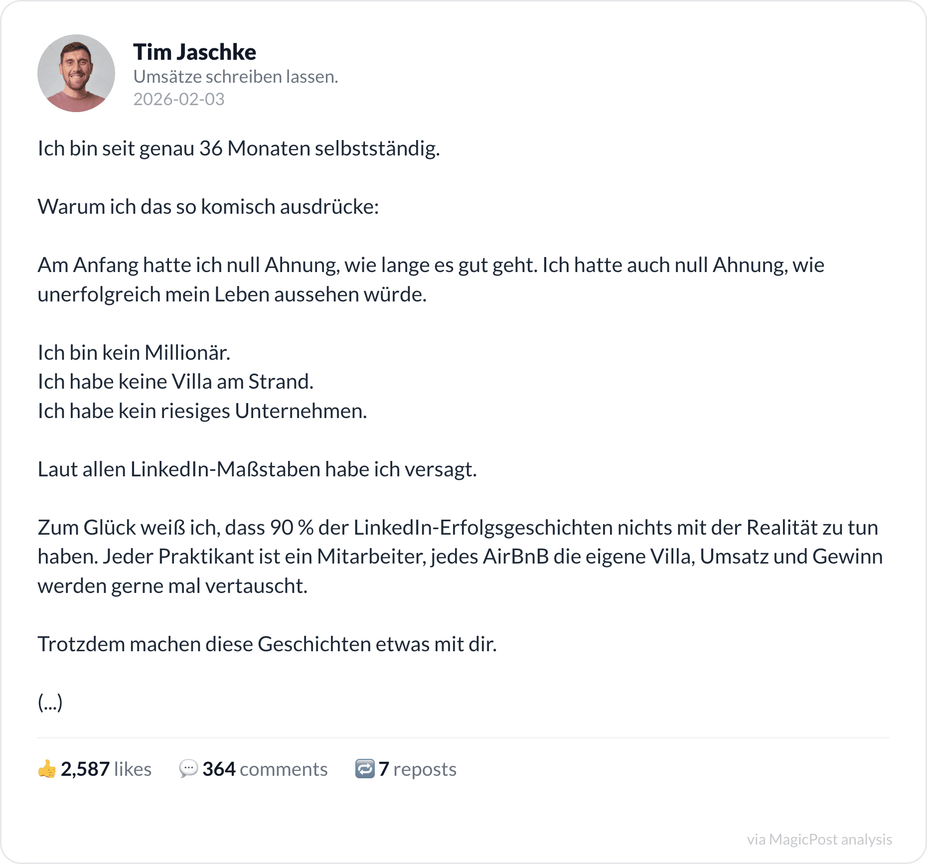 Tim Jaschke on being self-employed for 36 months without becoming a millionaire