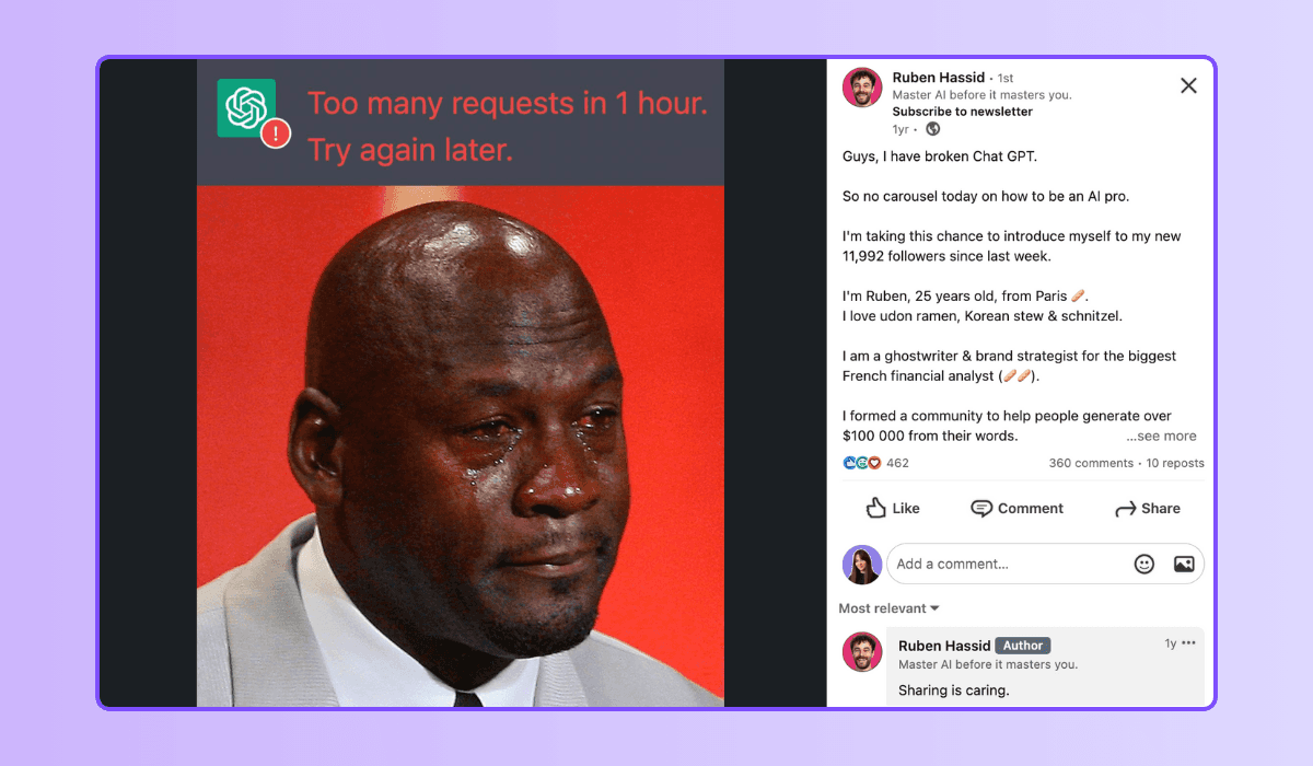 Example of using humor on LinkedIn posts with memes