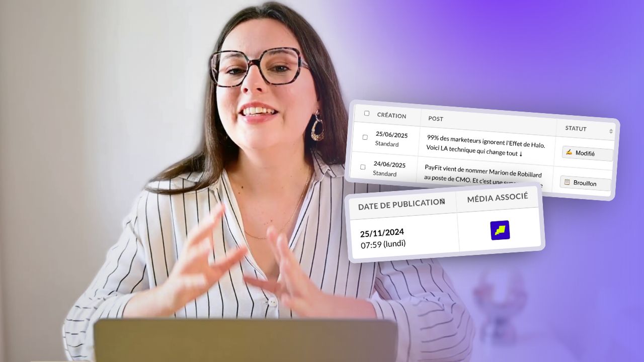 Diane devant la liste de ses posts : colonnes Création, Post et Statut, les états Modifié et Brouillon, et la date de publication associée.