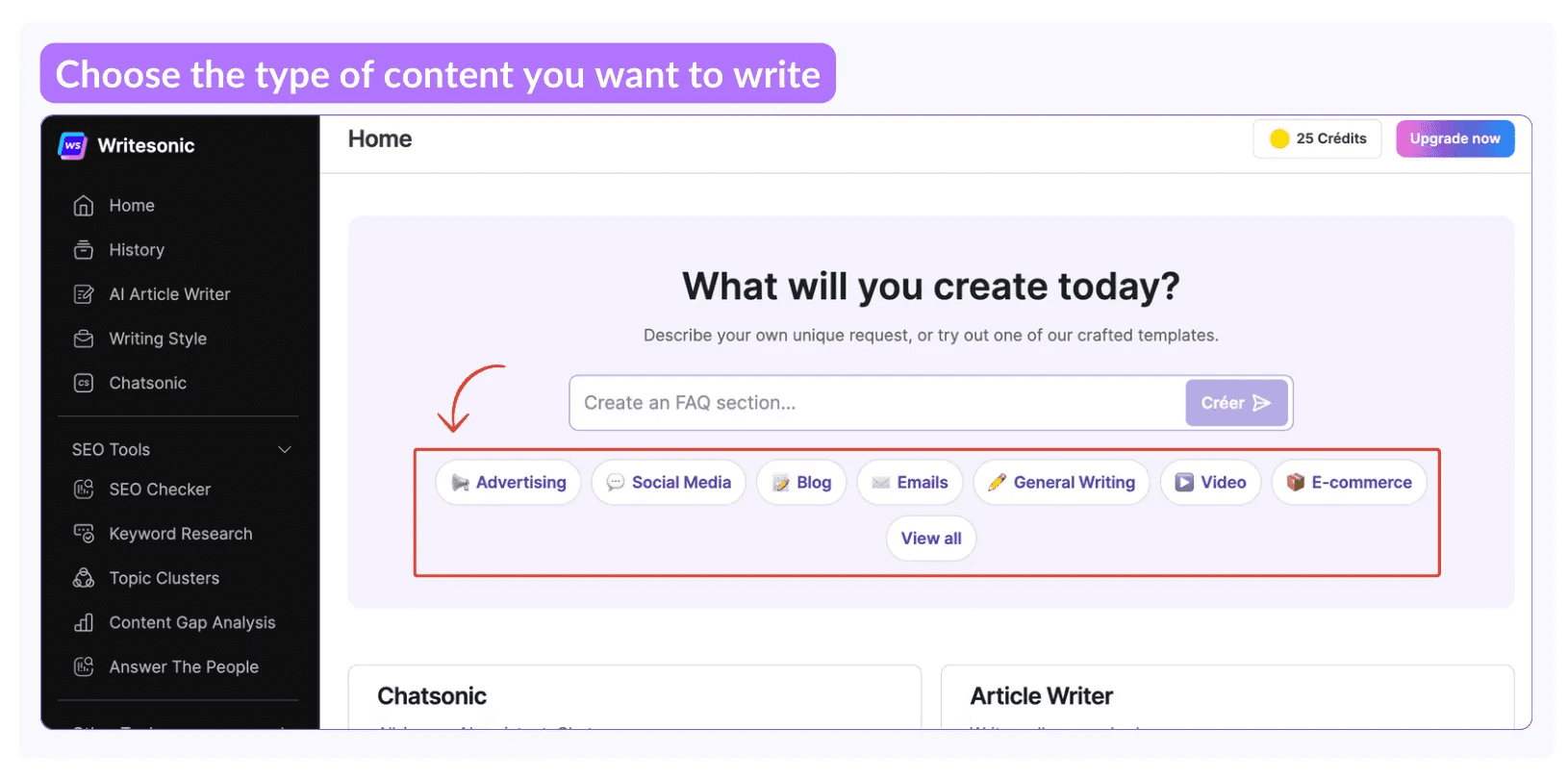 Lista de tipos de contenido en Writesonic