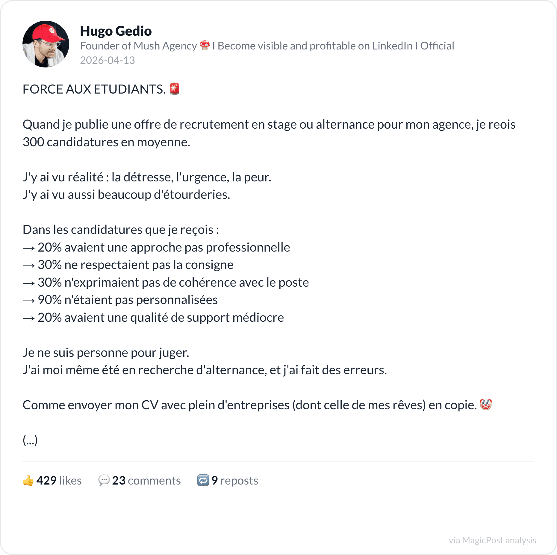 Hugo Gedio's top 2026 post: strength to the students