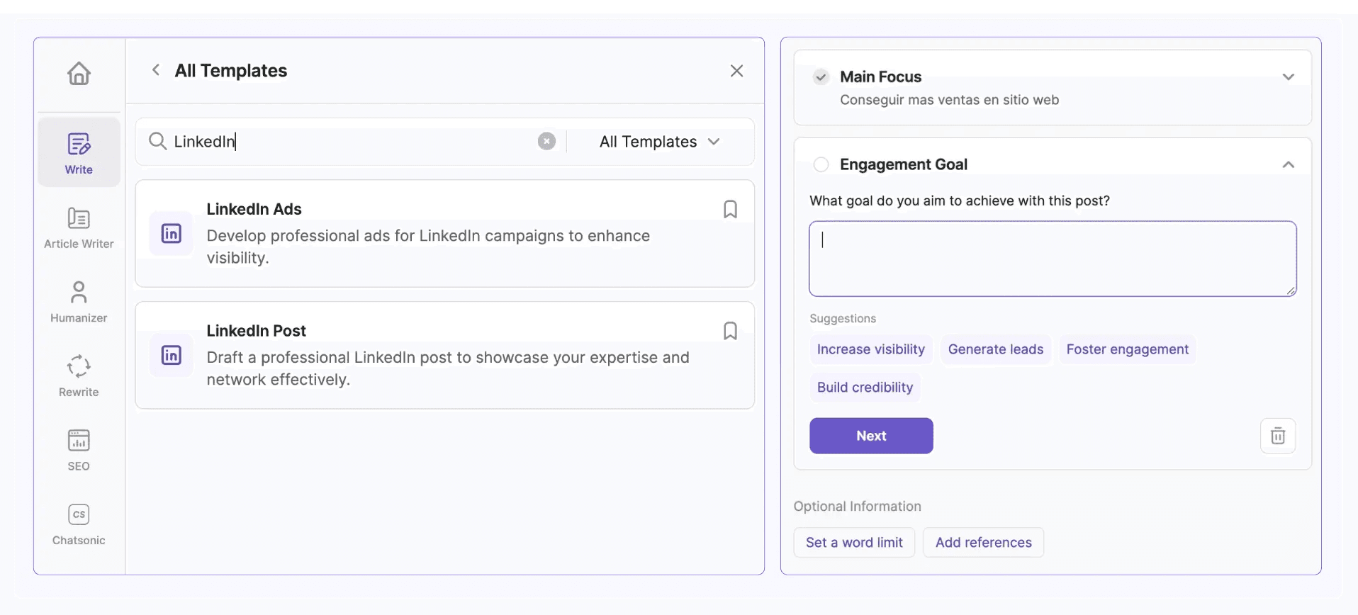 Creación de publicaciones para LinkedIn en Writesonic
