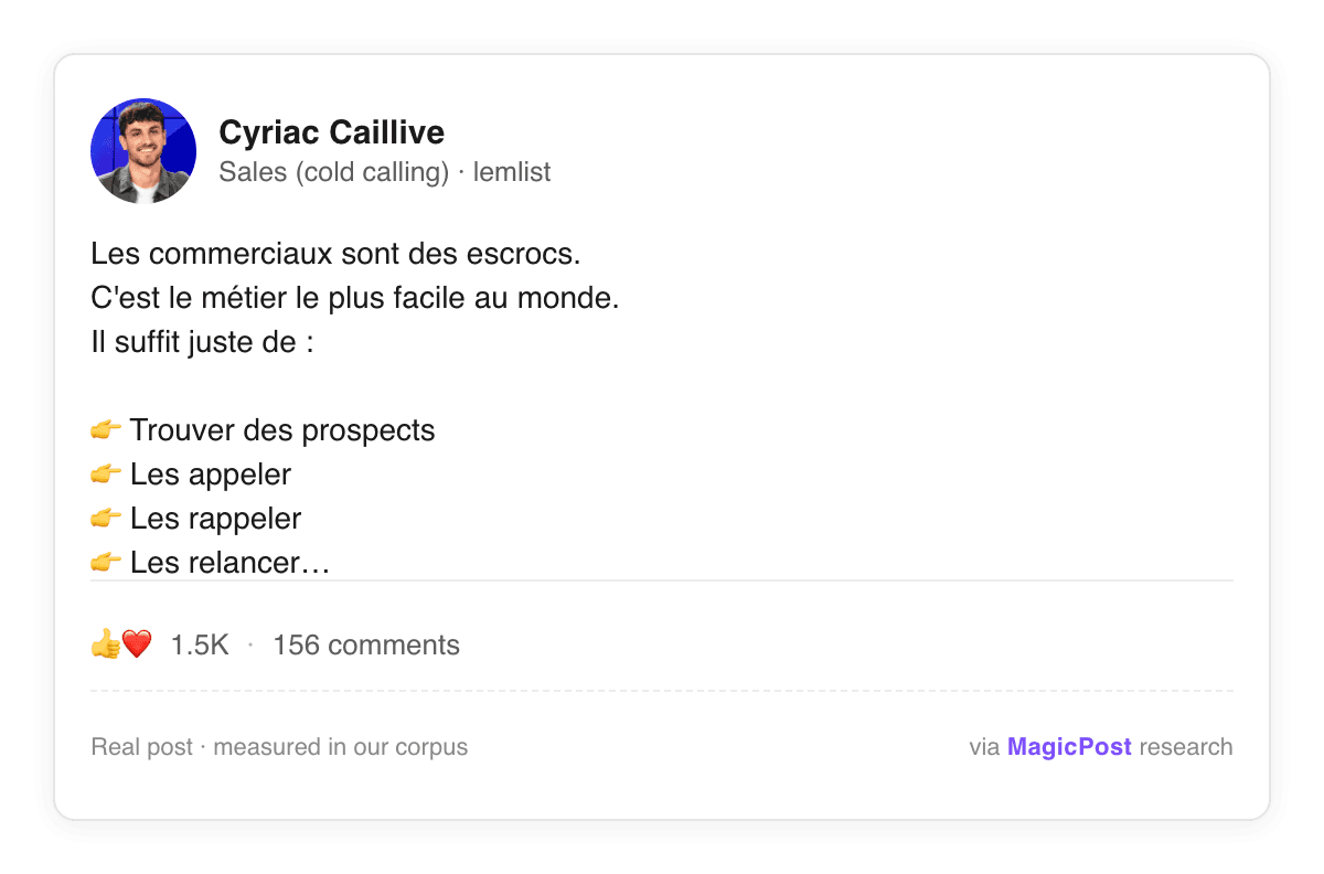 Cyriac Caillive, comercial de lemlist, en un post de LinkedIn en francés satirizando lo fácil que supuestamente es vender