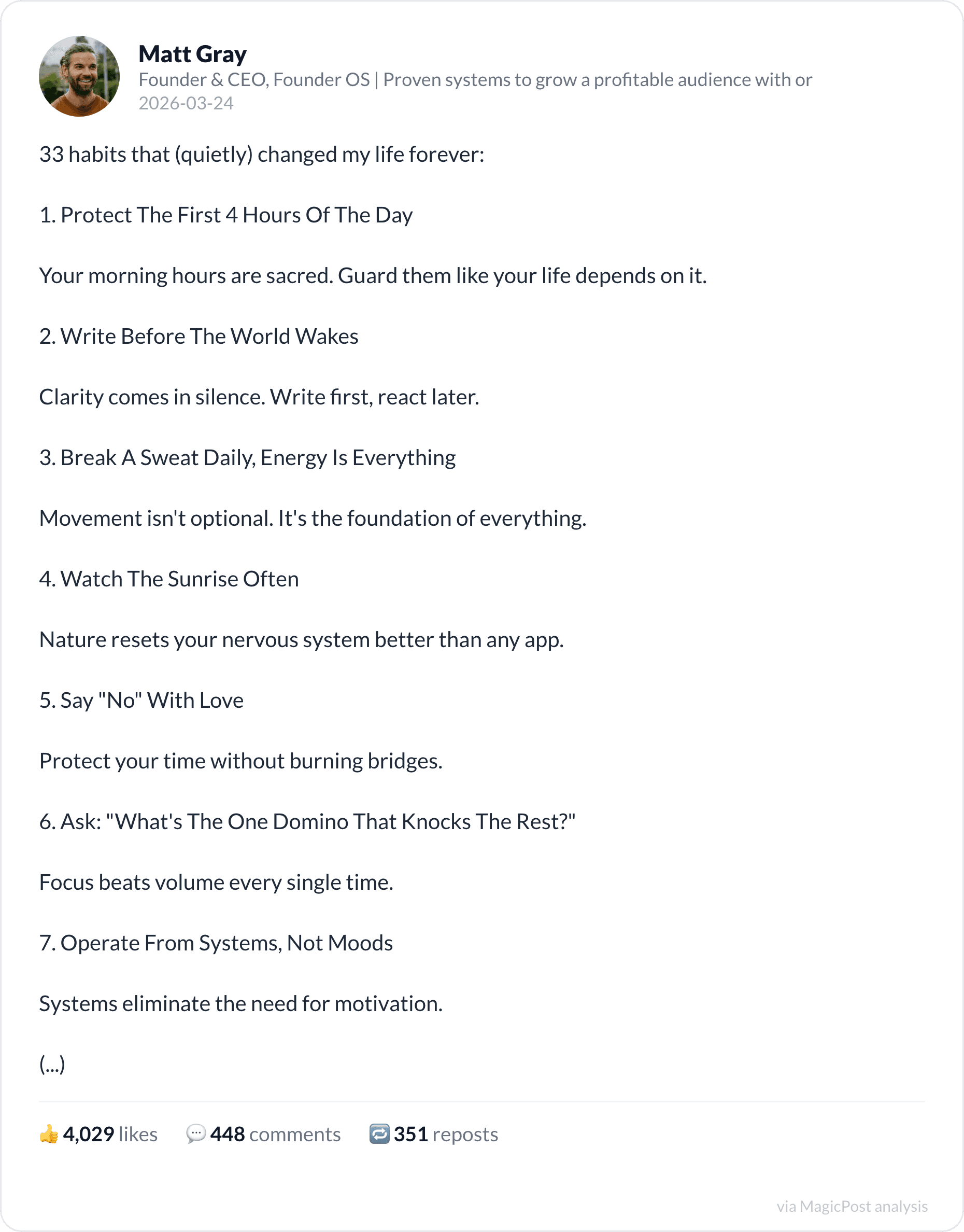 Matt Gray's top 2026 post: 33 habits that quietly changed my life