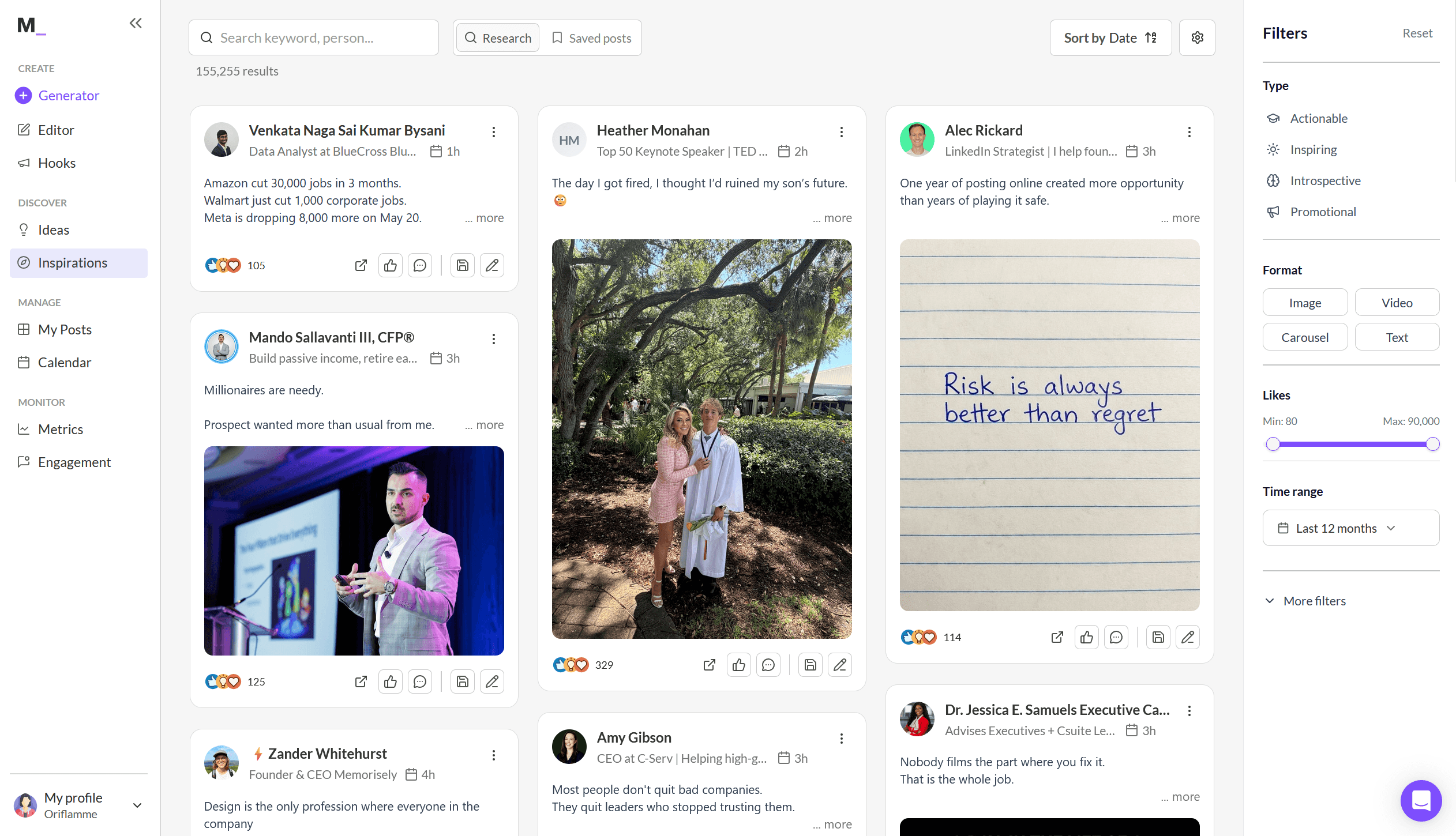 Capture de la bibliothèque d'inspiration de MagicPost, affichant différents posts LinkedIn que l'utilisateur peut utiliser comme référence pour ses propres posts générés par l'IA