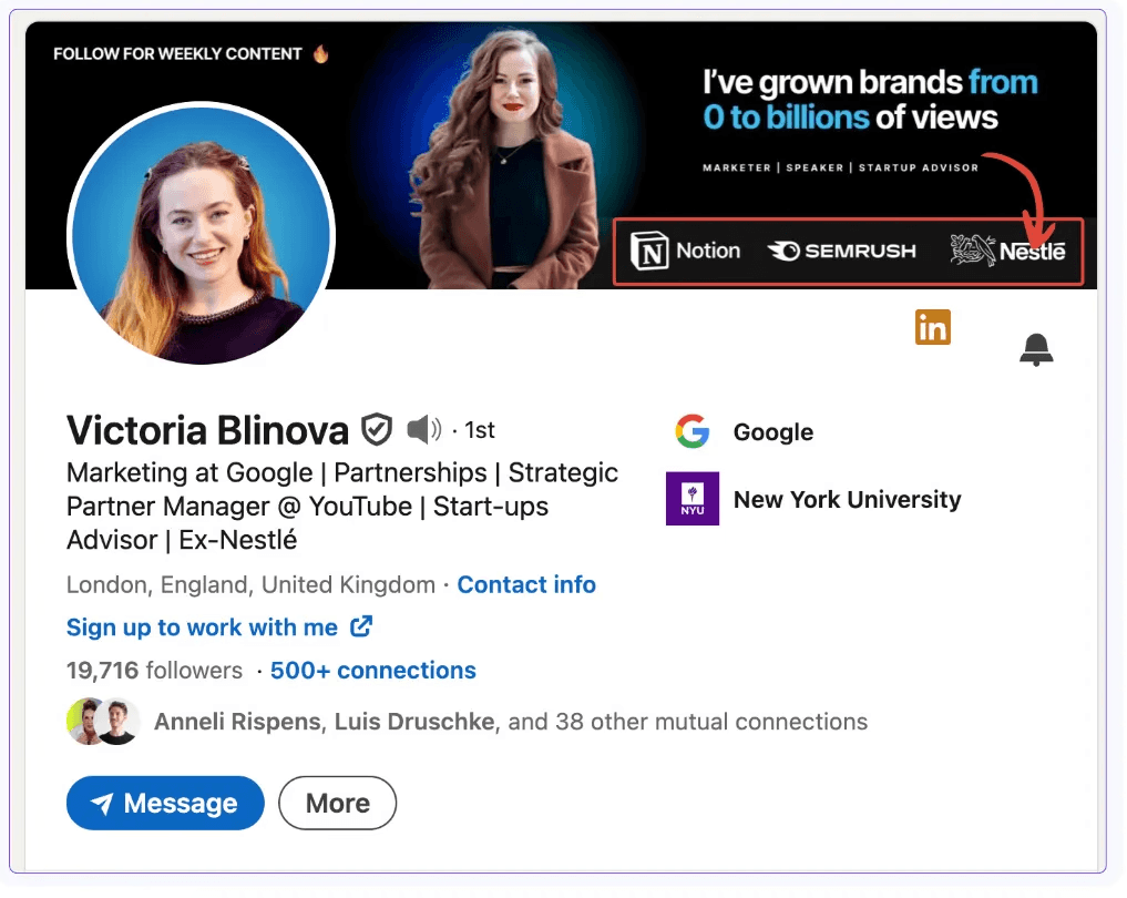 Example of what to include in a LinkedIn banner like awards or companies you've worked on