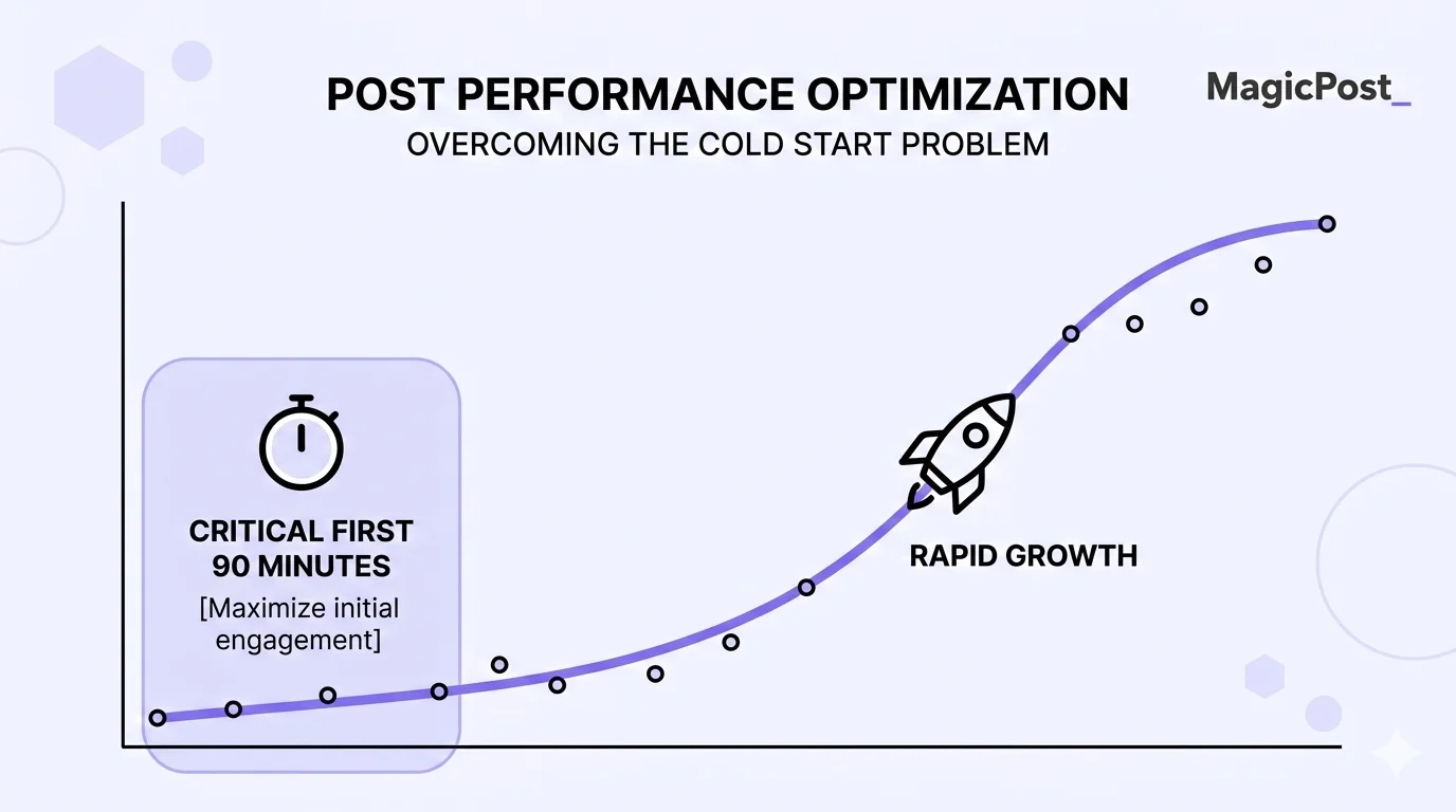 Graph showing LinkedIn post performance optimization with the critical first 90 minutes of engagement velocity leading to rapid reach growth