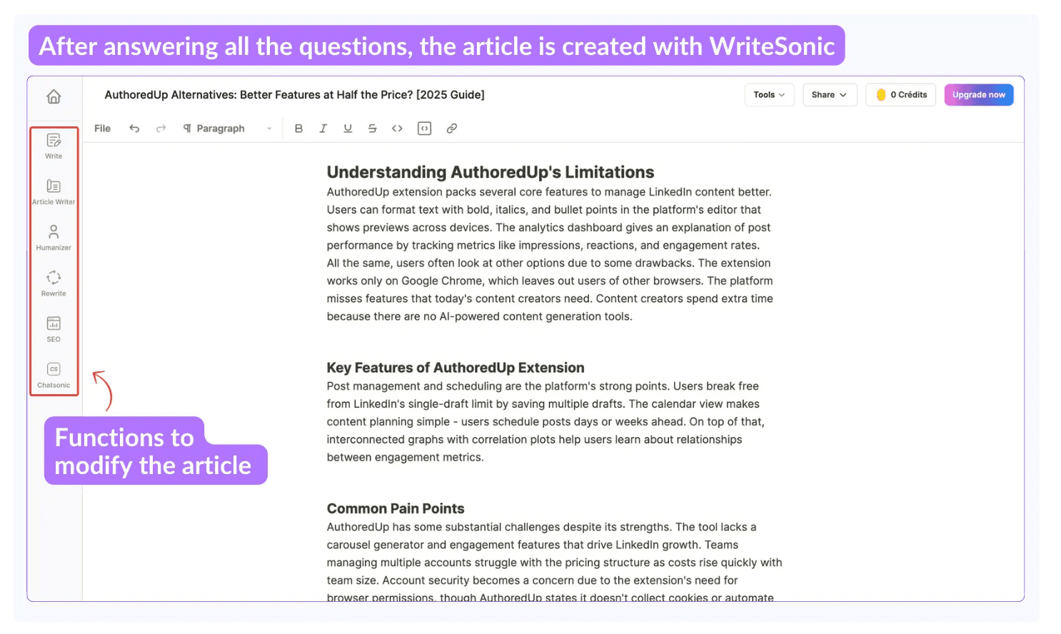 Resultado del artículo generado por Writesonic en el análisis