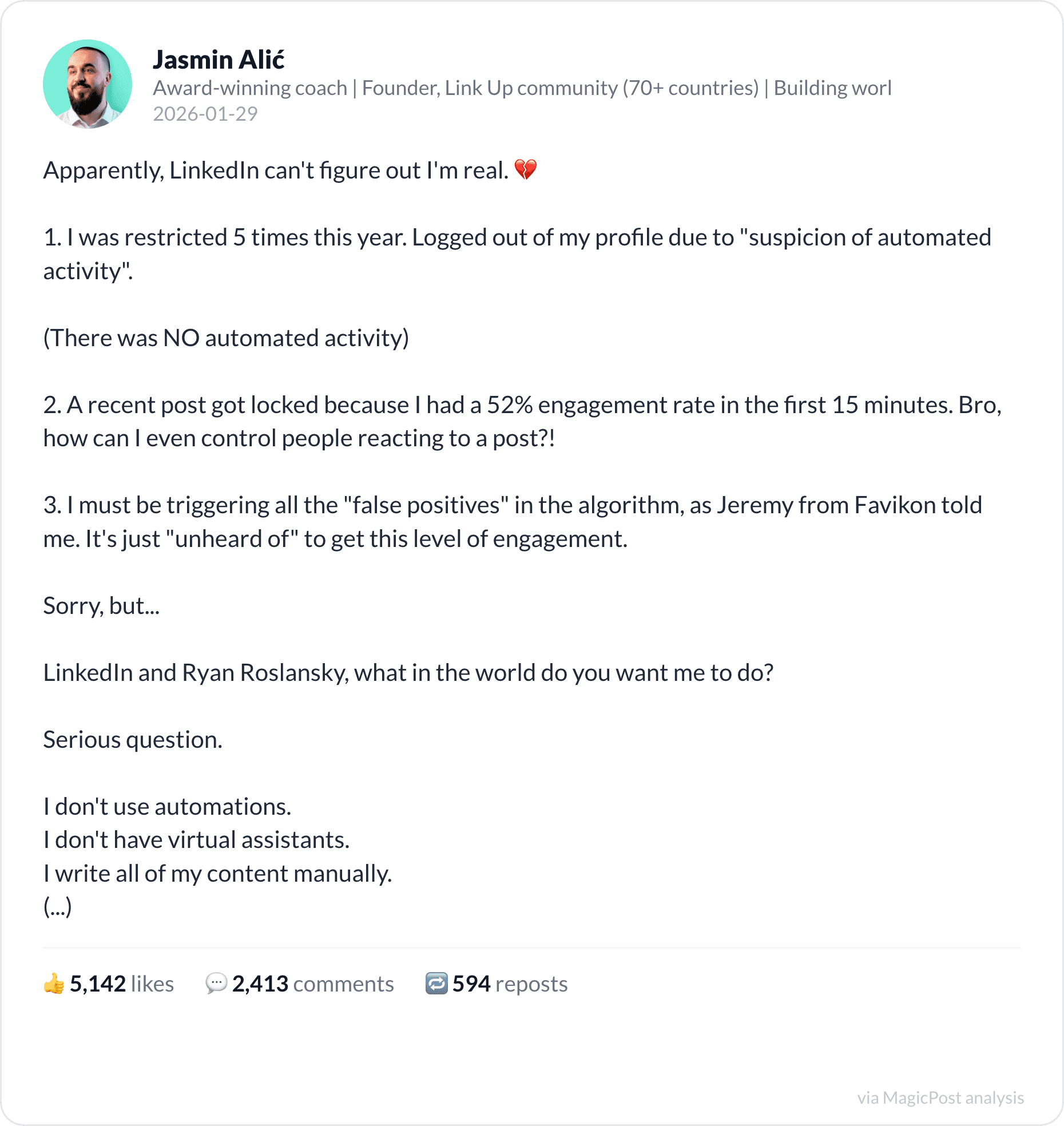 Jasmin Alić's top 2026 post: LinkedIn can't figure out I'm real