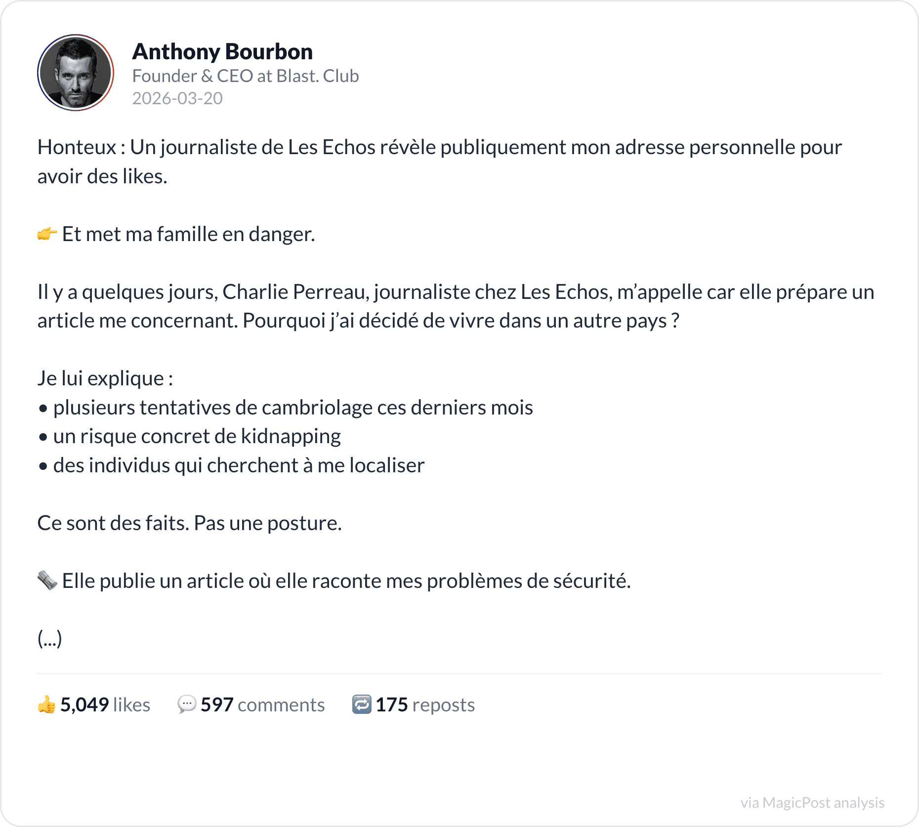 Anthony Bourbon on a journalist publishing his home address