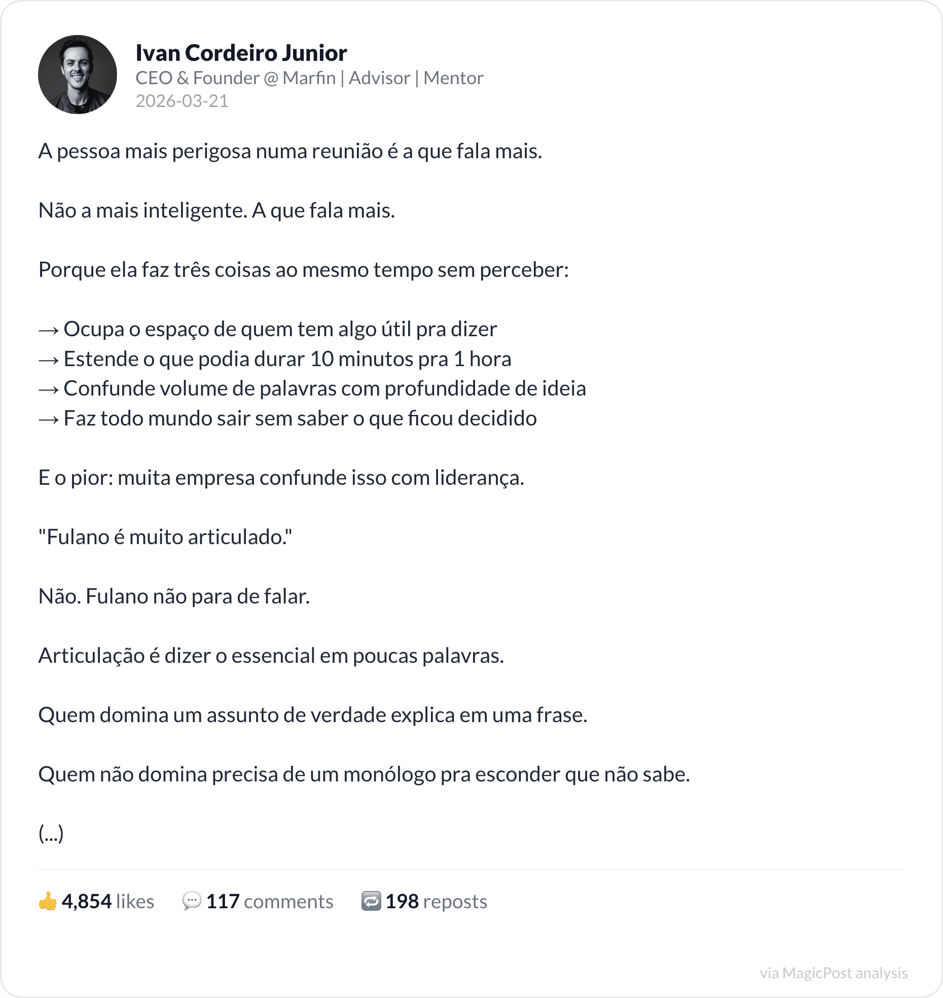 Ivan Cordeiro Junior on the person who talks most in meetings