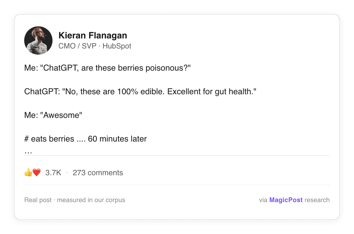 Kieran Flanagan, HubSpot CMO, in a LinkedIn post joking about ChatGPT confidently giving dangerous advice