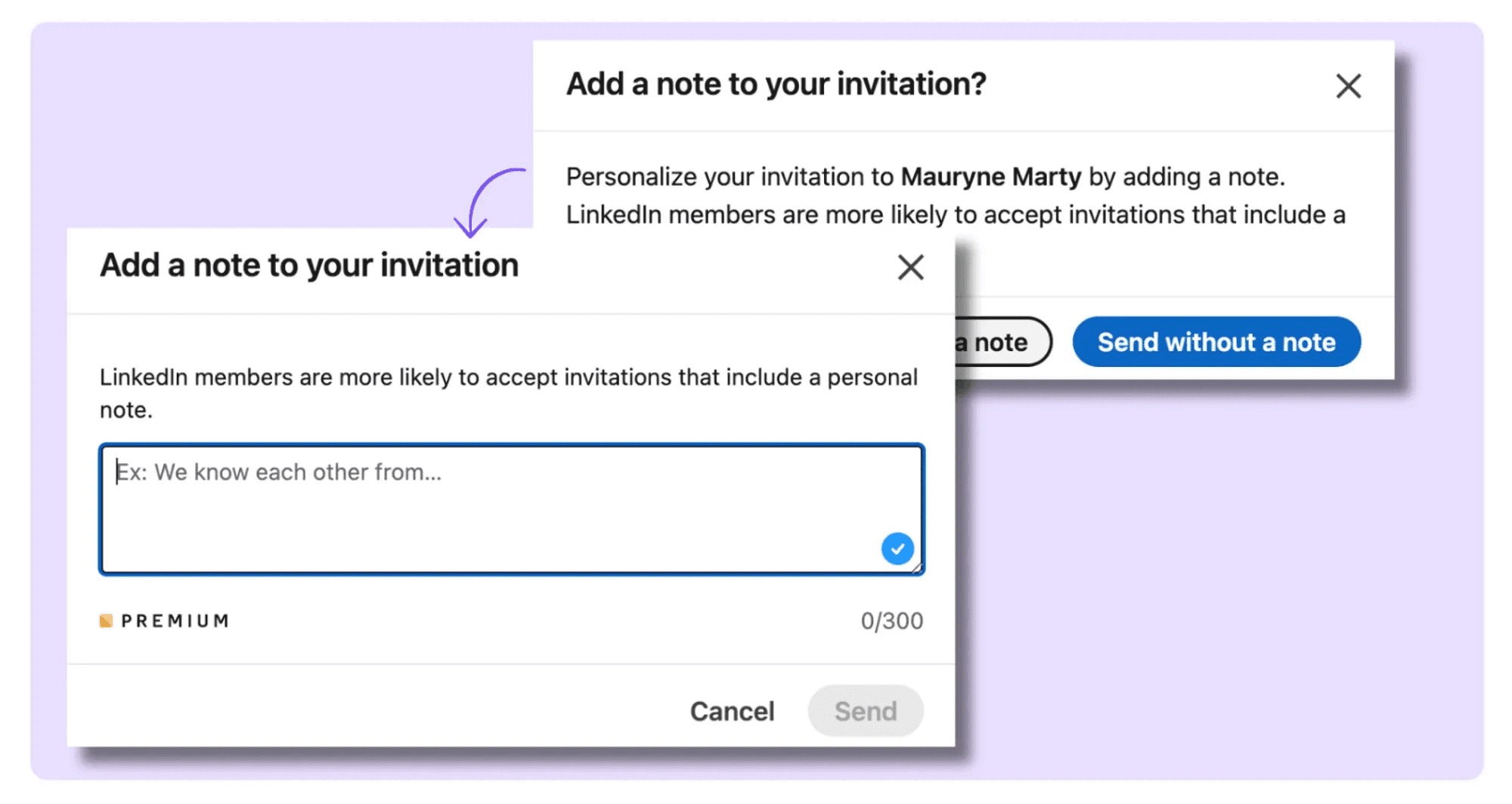 Steps on how to connect with someone on LinkedIn and send them a personalized message at the same time.