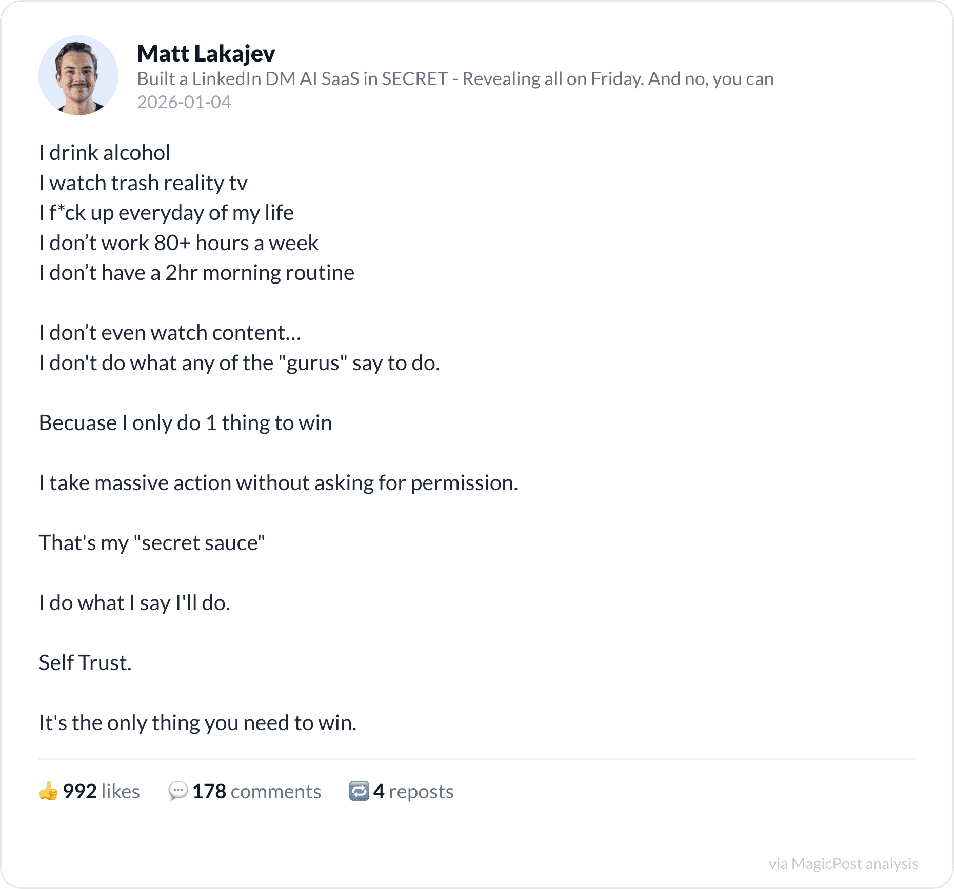 Matt Lakajev's top 2026 post: self-trust and massive action