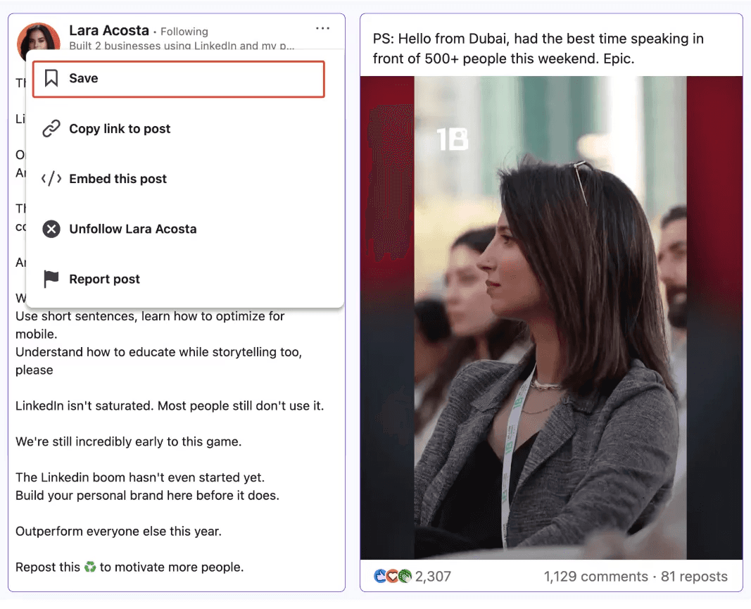A screenshot of Lara Acosta's post with the save button highlighted, showing how to save a LinkedIn post