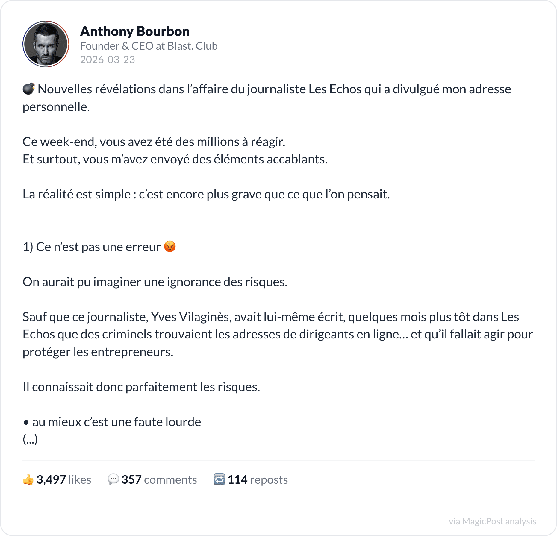 Anthony Bourbon's follow-up on the Les Echos affair